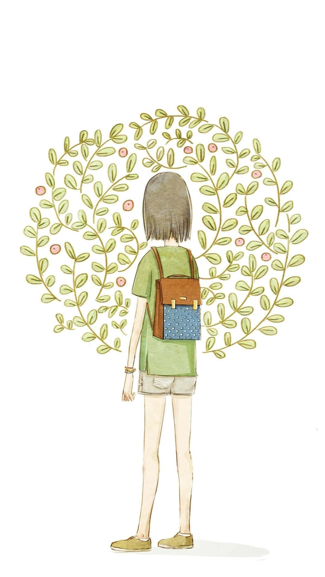 girl, backpack, tree, Full HD Phone Wallpaper