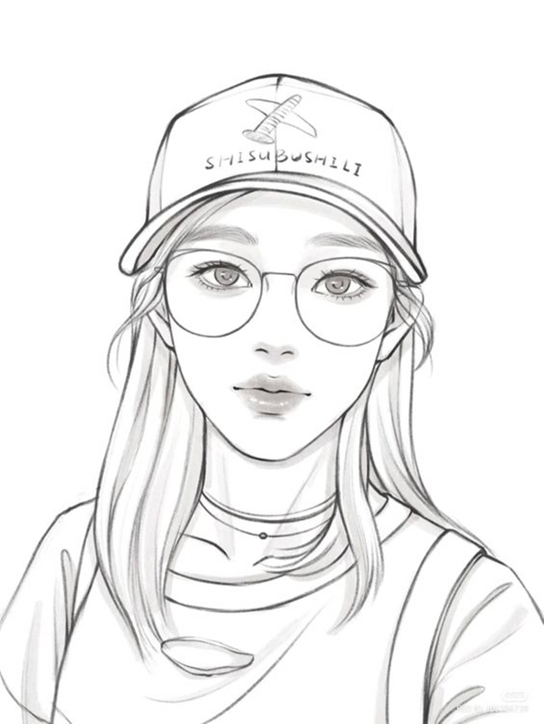 girl with cap, pencil sketch, glasses, Full HD Phone Wallpaper