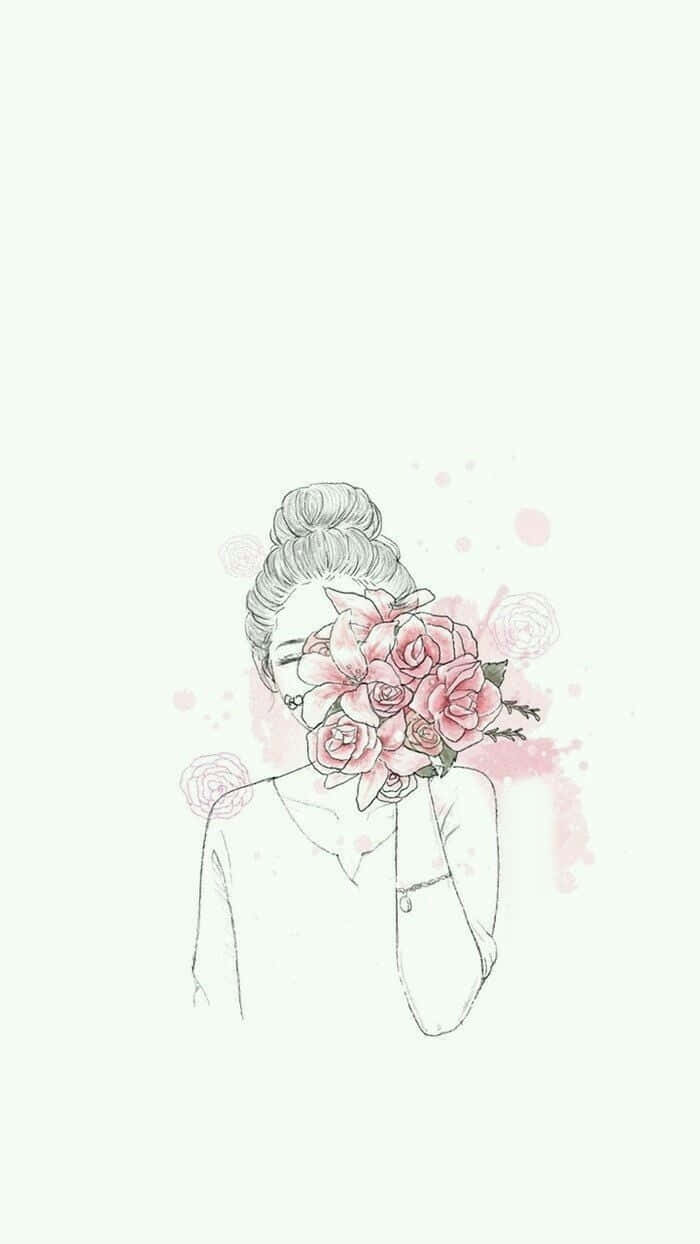 aesthetic girl drawing, pink roses, soft mint background, SD Phone Wallpaper