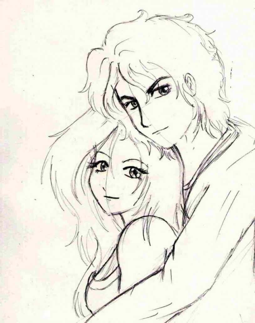 anime-style sketch, young girl, man embracing woman from behind, SD Phone Wallpaper