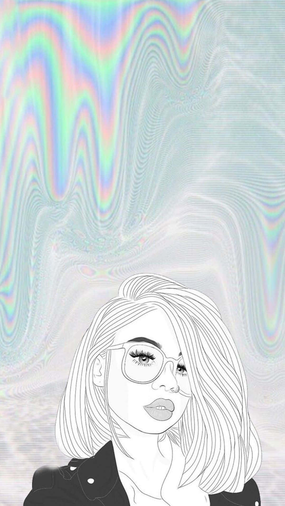 glasses, rainbow background, stylized line-art portrait, Full HD Phone Wallpaper