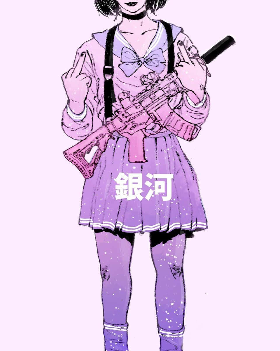 anime girl, purple school uniform, pink rifle, SD Phone Wallpaper