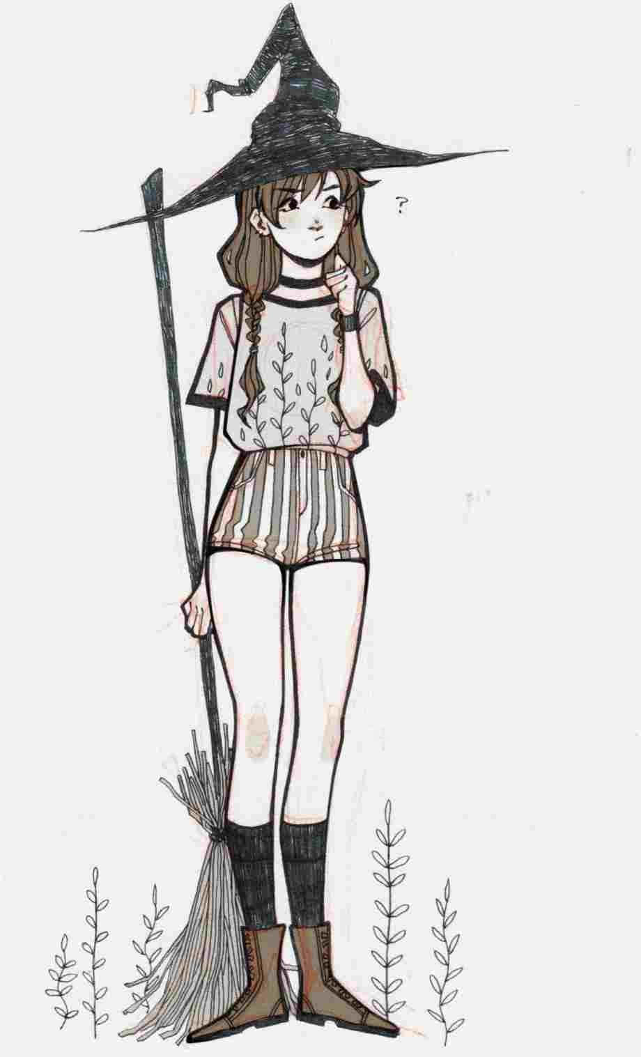 Aesthetic Girl Drawing, comic witch, tall black hat, HD Phone Wallpaper