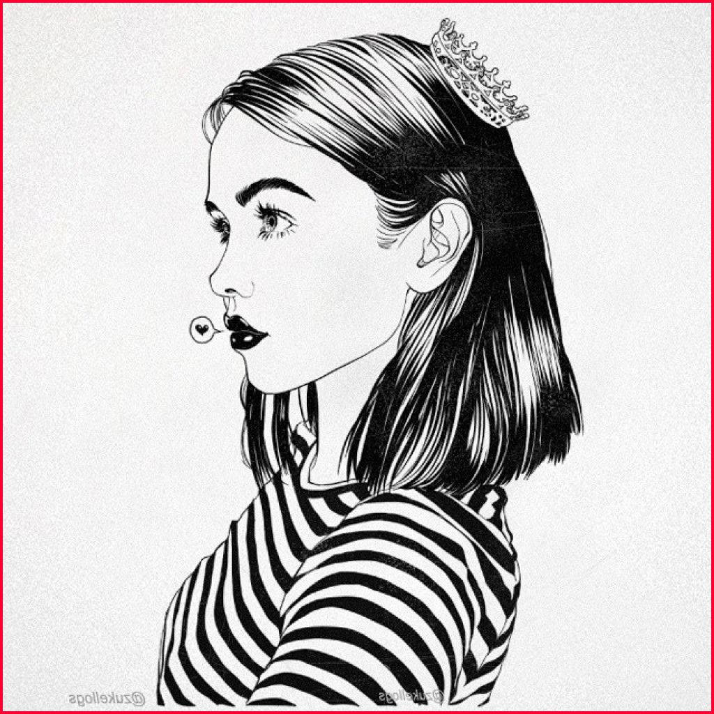 black and white illustration, young woman in profile, crown, SD Desktop Wallpaper
