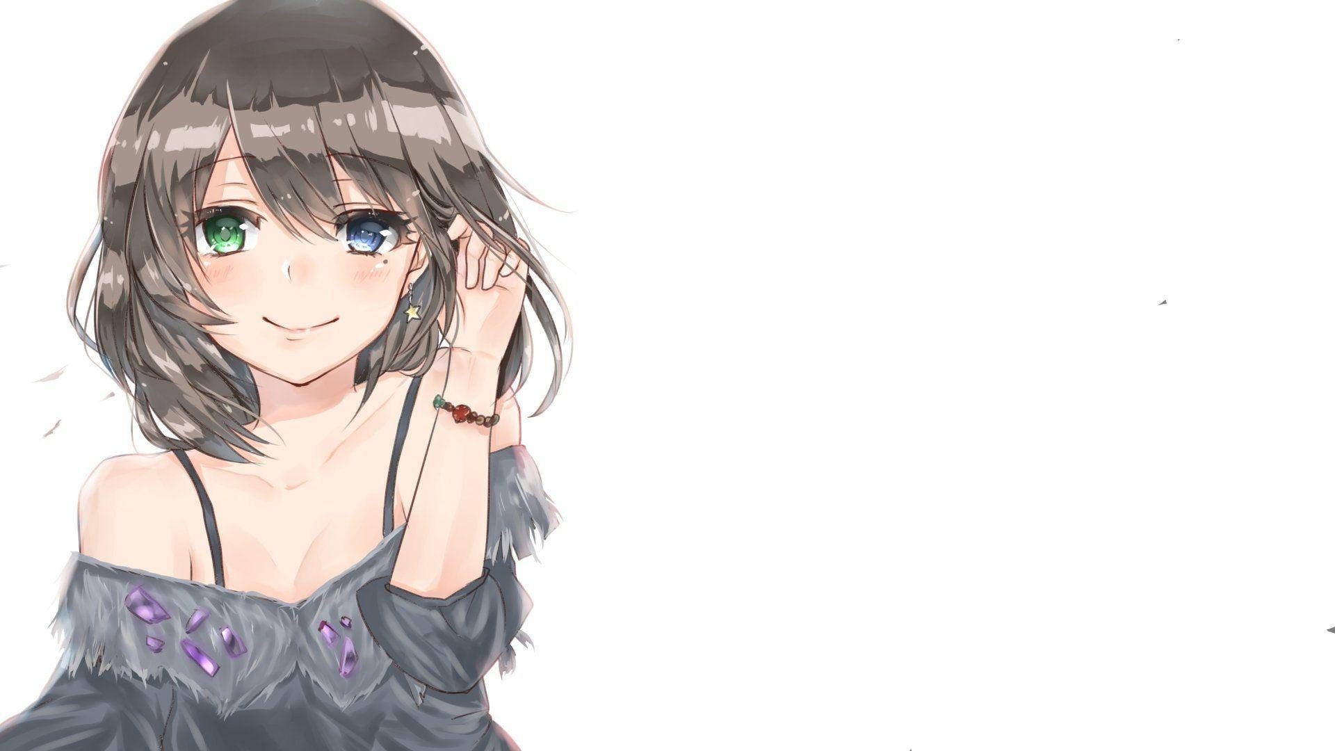aesthetic anime girl, heterochromatic eyes, gray hair, Full HD Desktop Wallpaper