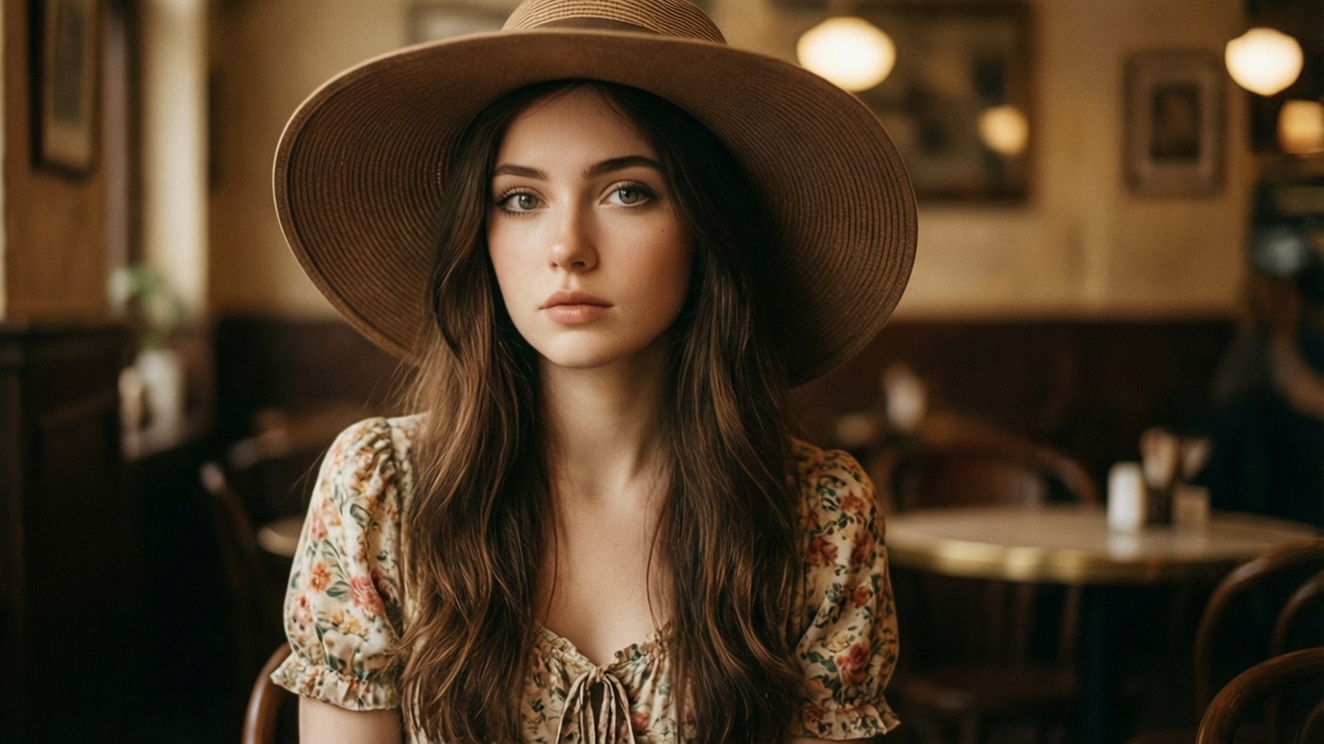 vintage cafe, wide-brimmed straw hat, floral blouse, Full HD Desktop Wallpaper