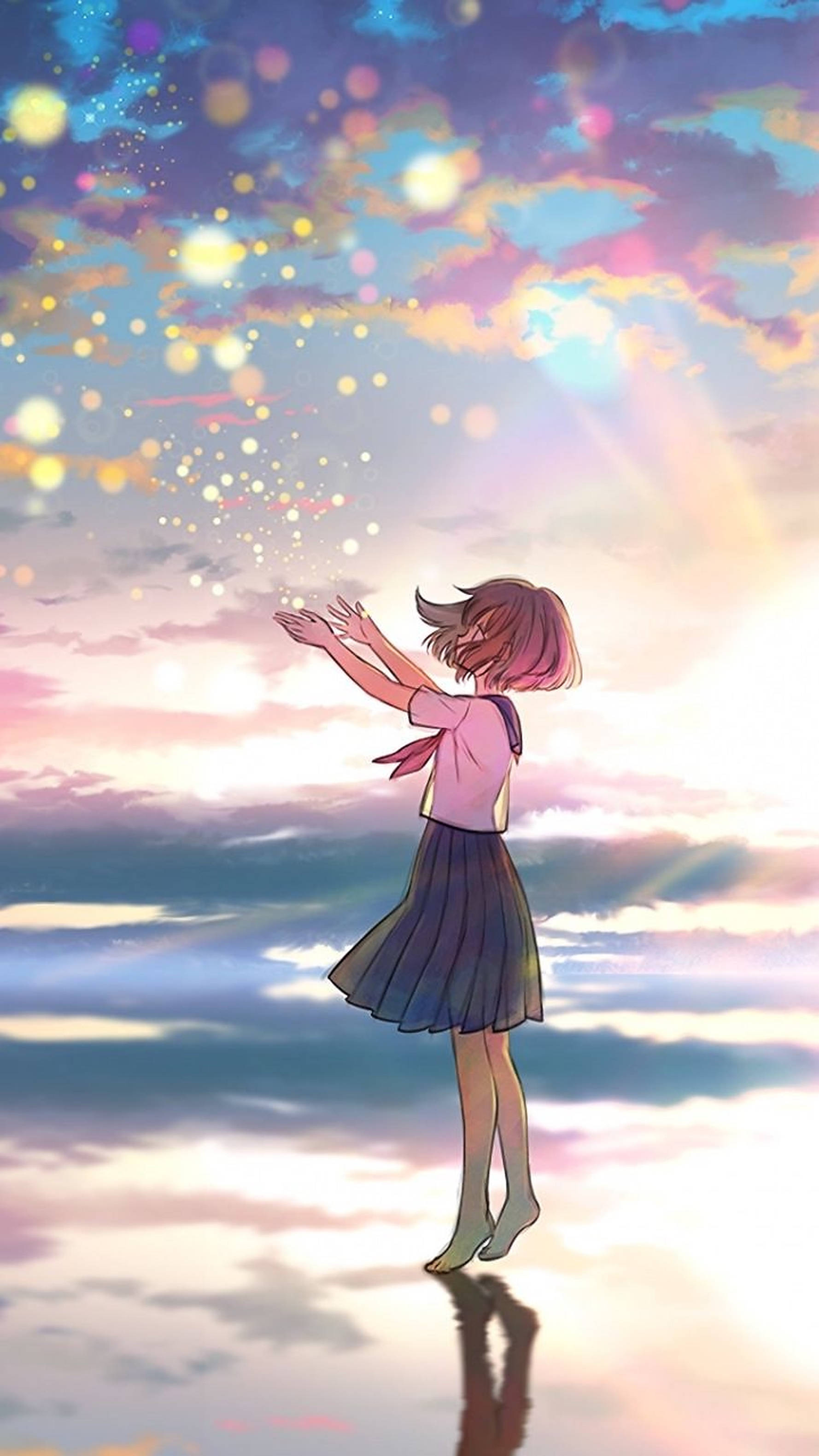 aesthetic anime school girl, school uniform, reflective surface, 2K Phone Wallpaper