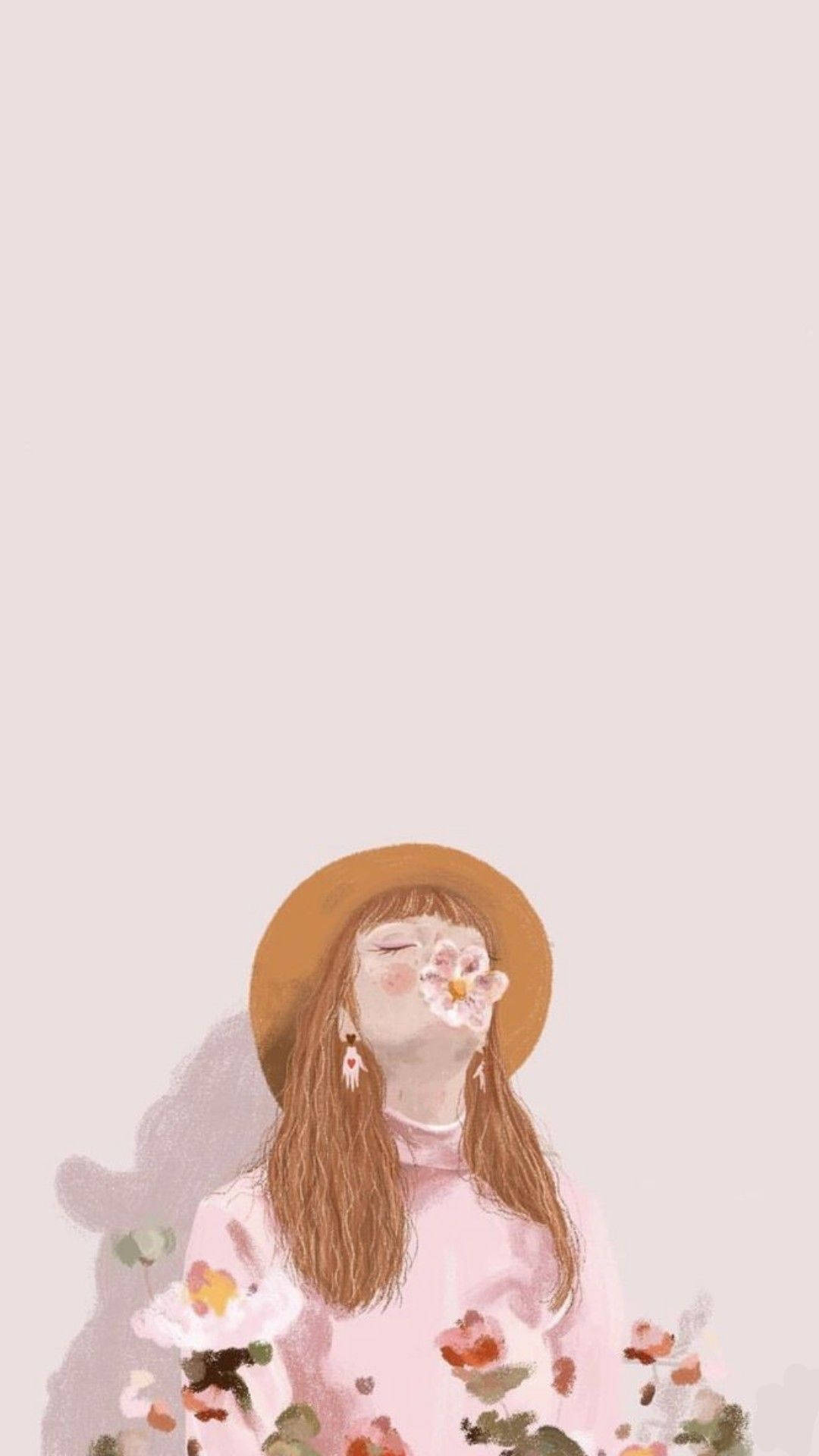 pink aesthetic girl, straw hat, flower, Full HD Phone Wallpaper