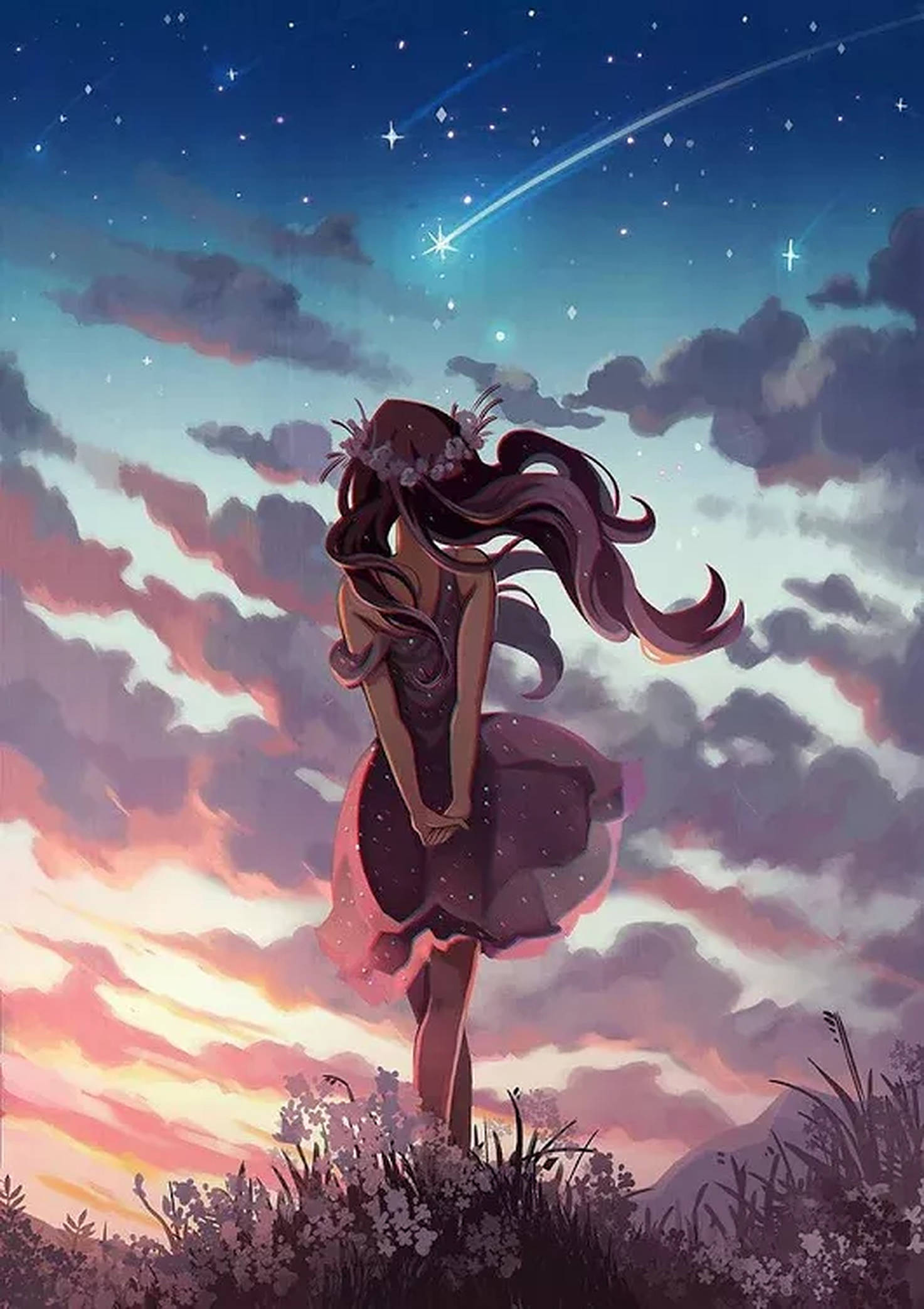 Aesthetic Girl, shooting star, twilight, Full HD Phone Wallpaper