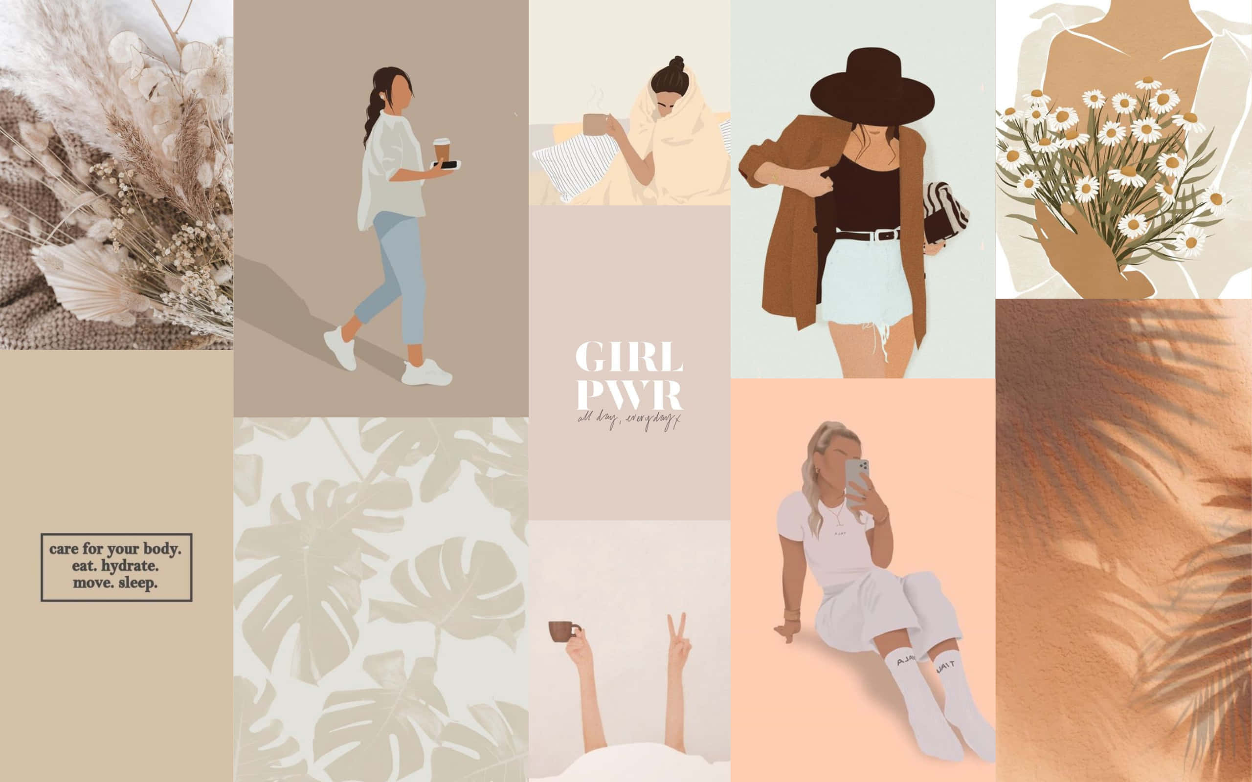 girl aesthetic desktop, brown collage art, illustrated women, 2K Desktop Wallpaper