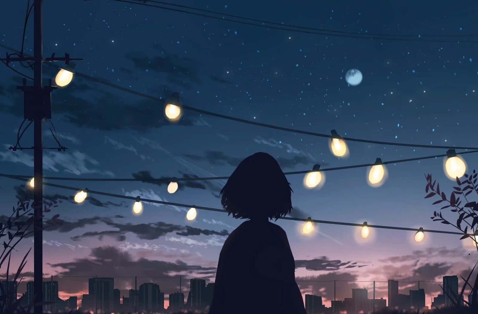 Nightcore Emo Girl, starry twilight sky, glowing string lights, HD Desktop Wallpaper