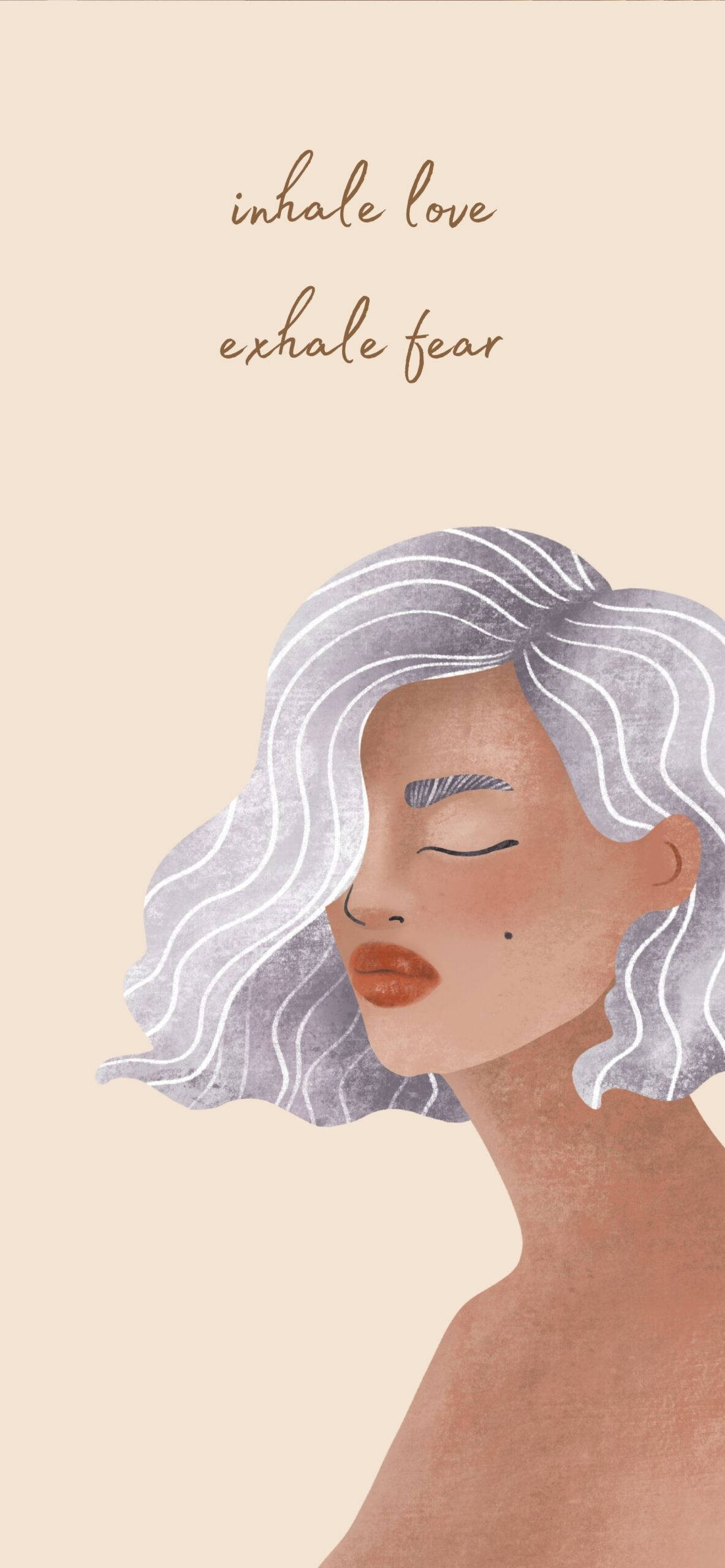 Inhale Love, beige aesthetic, silver hair, 2K Phone Wallpaper