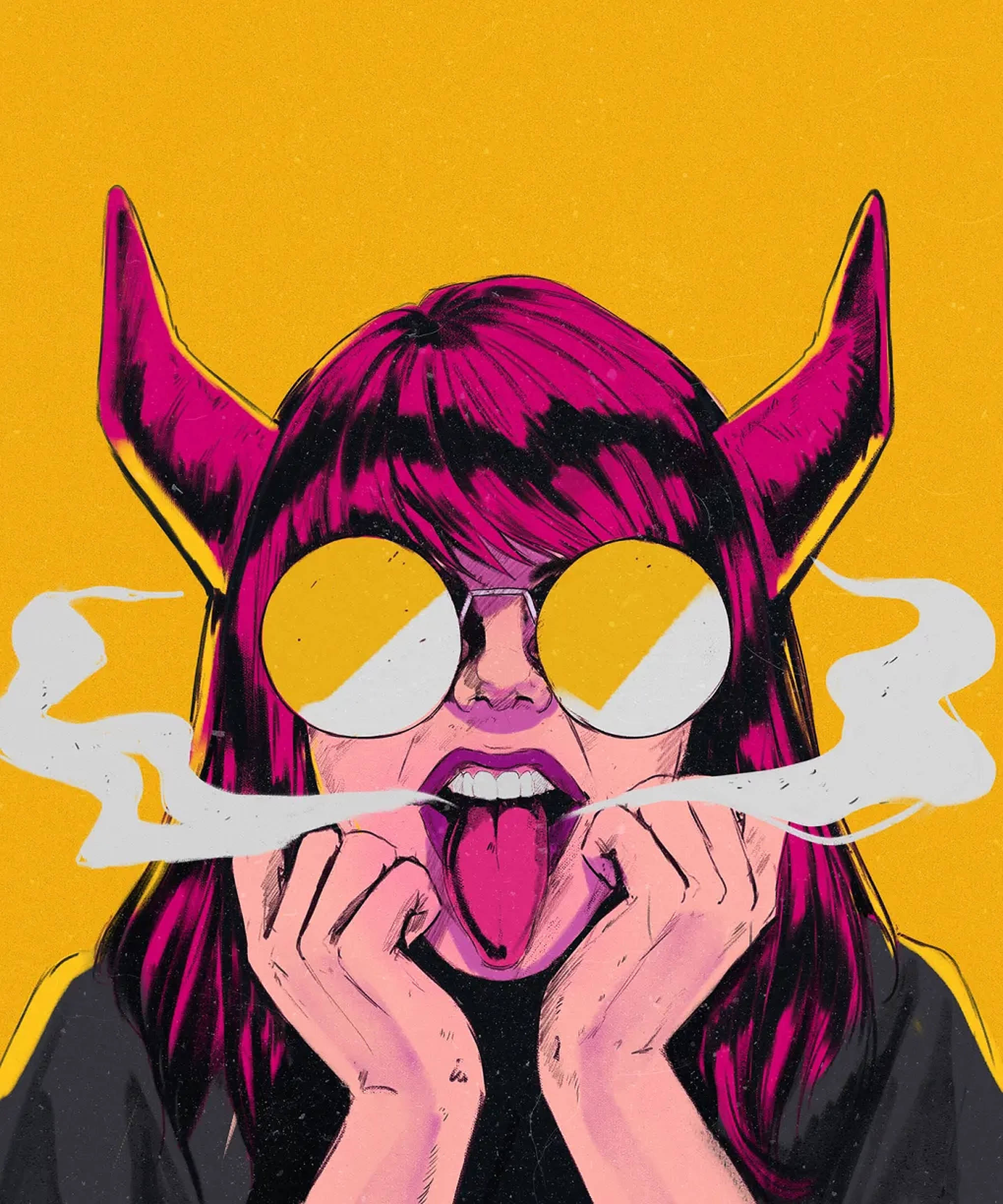pink-haired devil girl, horns, sunglasses, Full HD Phone Wallpaper