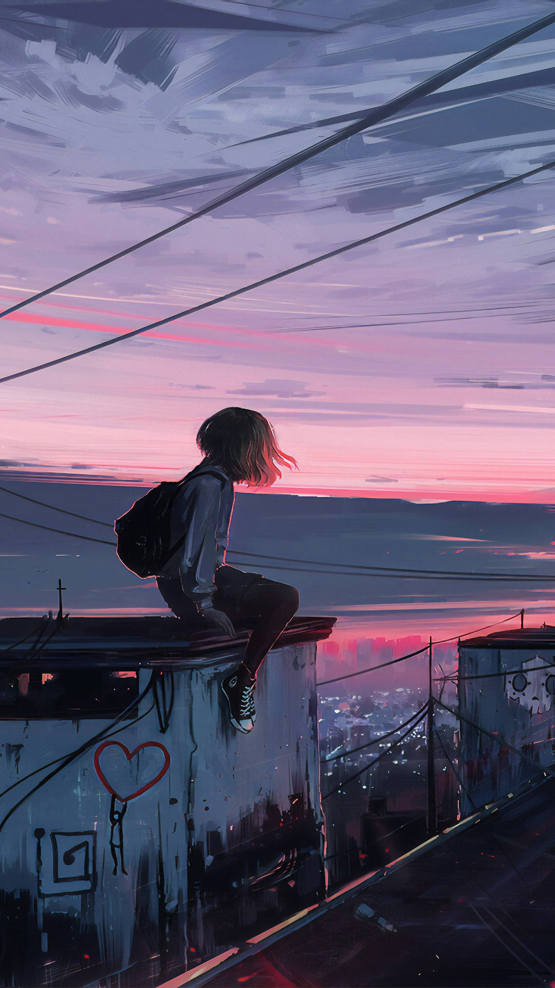 Pink Sky Aesthetic Girl, twilight, rooftop, Full HD Phone Wallpaper