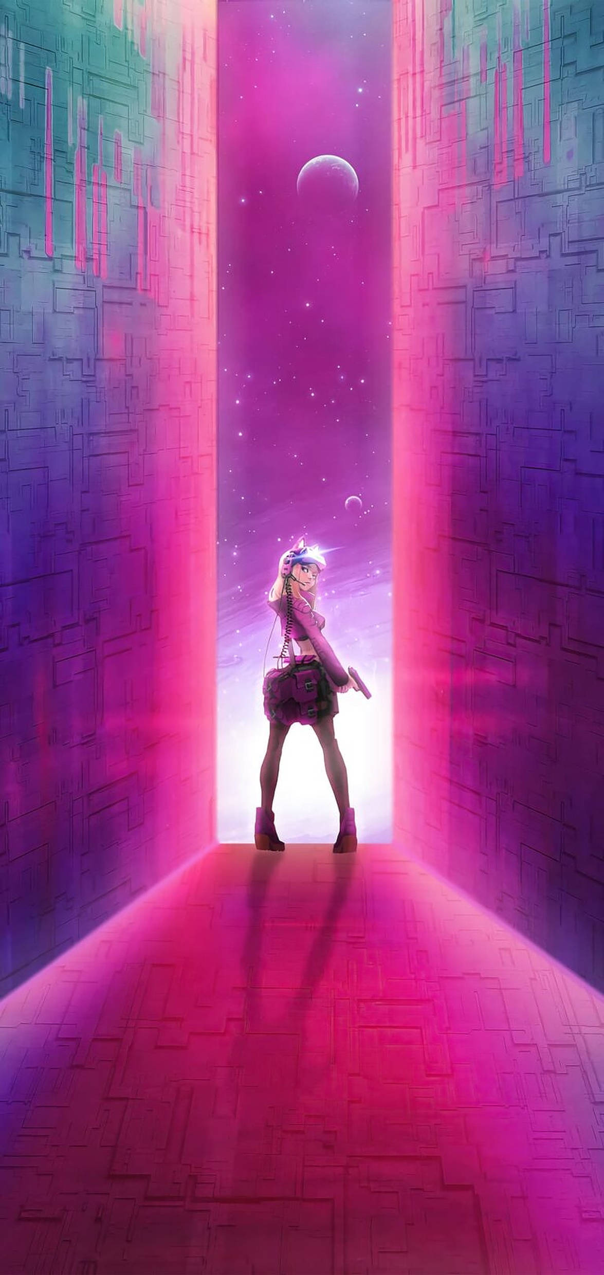 futuristic anime girl, glowing pink corridor, towering walls, Full HD Phone Wallpaper