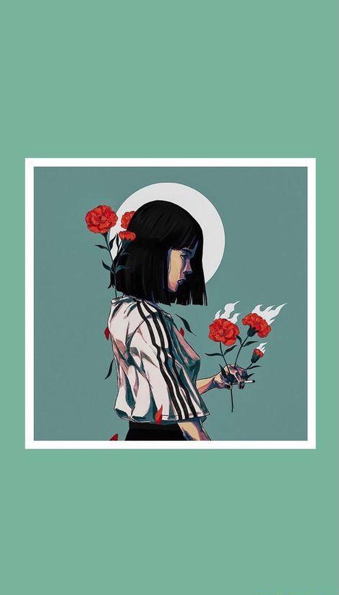 aesthetic girl, black hair, burning red flowers, Full HD Phone Wallpaper