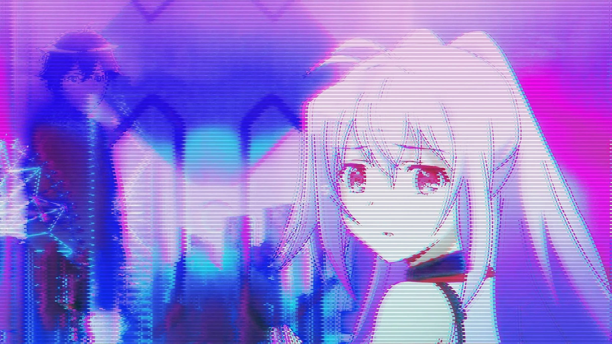 glitchy anime girl, white hair, red eyes, Full HD Desktop Wallpaper