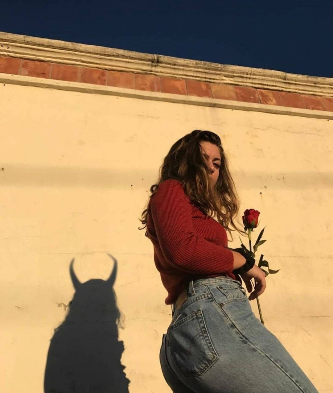 red sweater, jeans, rose, SD Phone Wallpaper