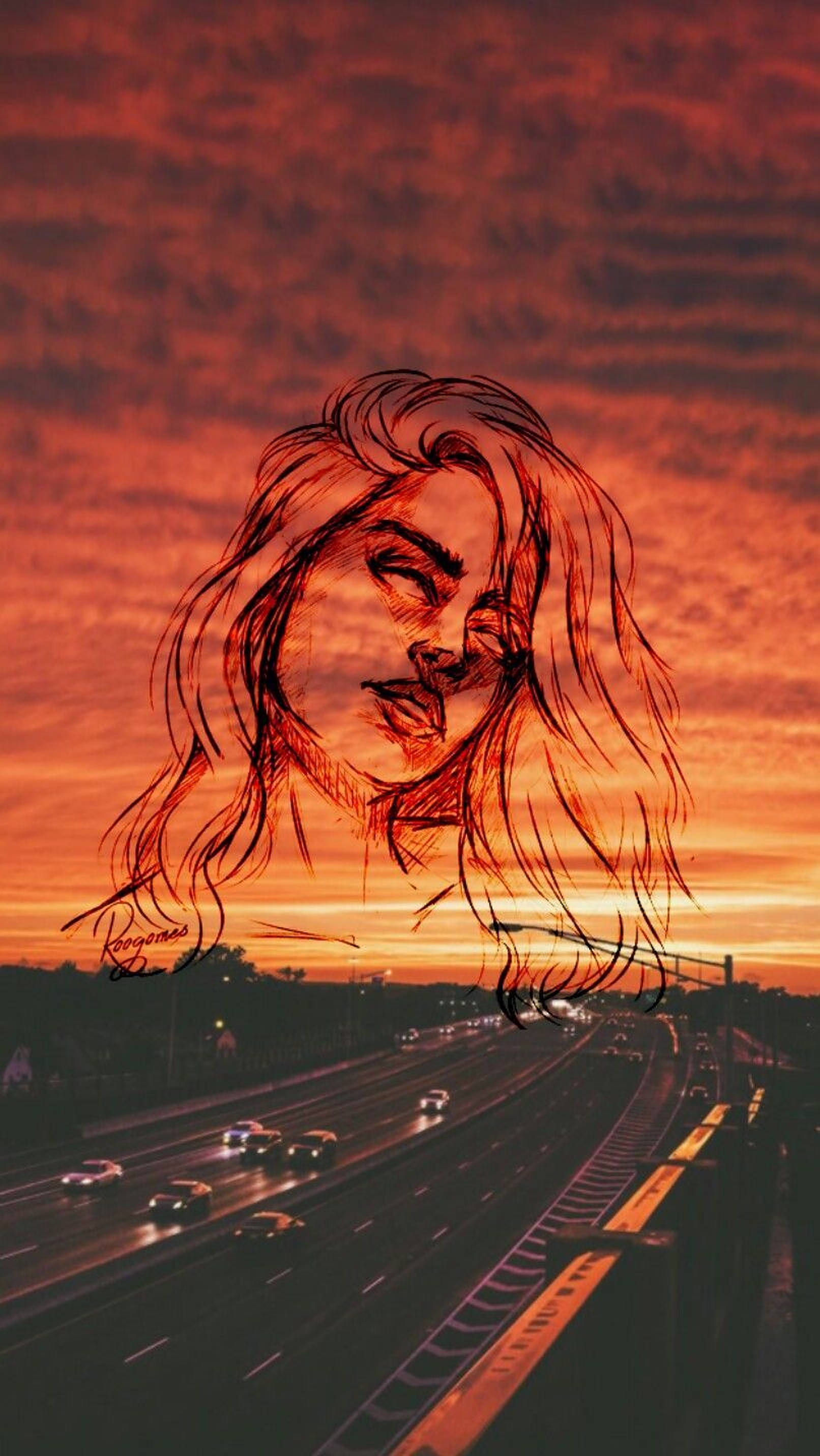 aesthetic girl, orange sunset, highway, 2K Phone Wallpaper