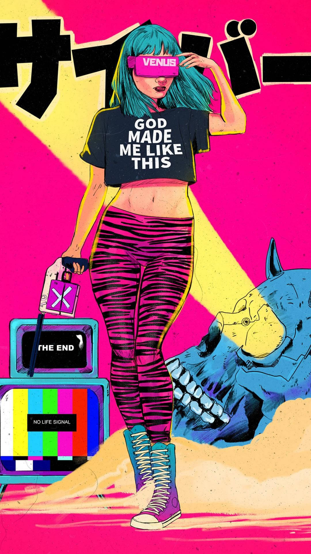 pink pop art aesthetic girl, blue hair, pink blindfold, Full HD Phone Wallpaper
