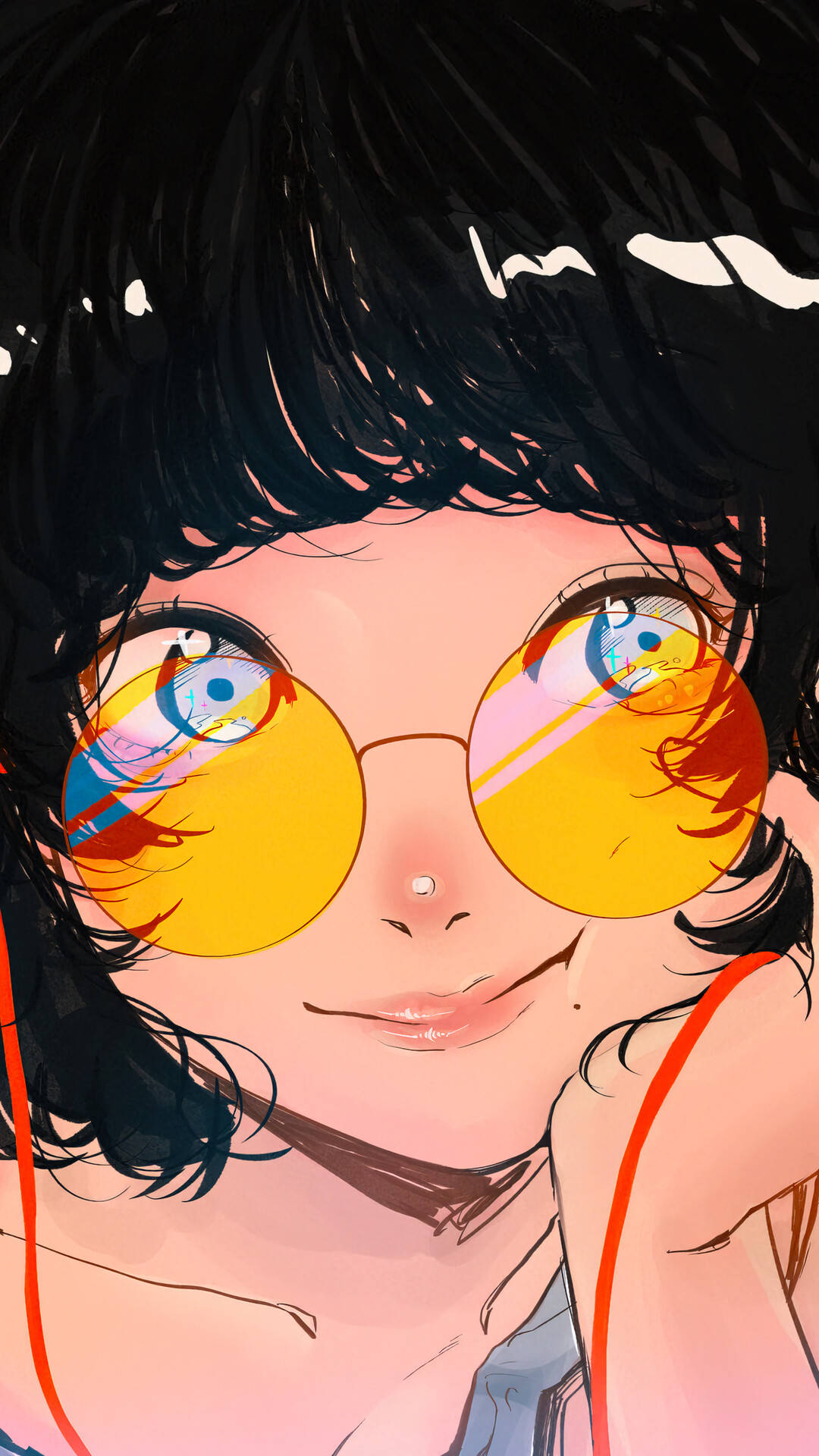 Japanese Aesthetic iPhone Girl, yellow sunglasses, black hair, Full HD Phone Wallpaper