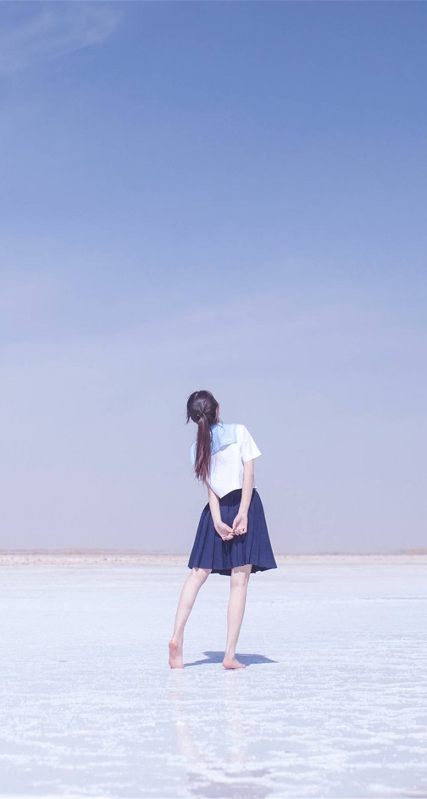 aesthetic school girl, white shirt, navy skirt, 2K Phone Wallpaper