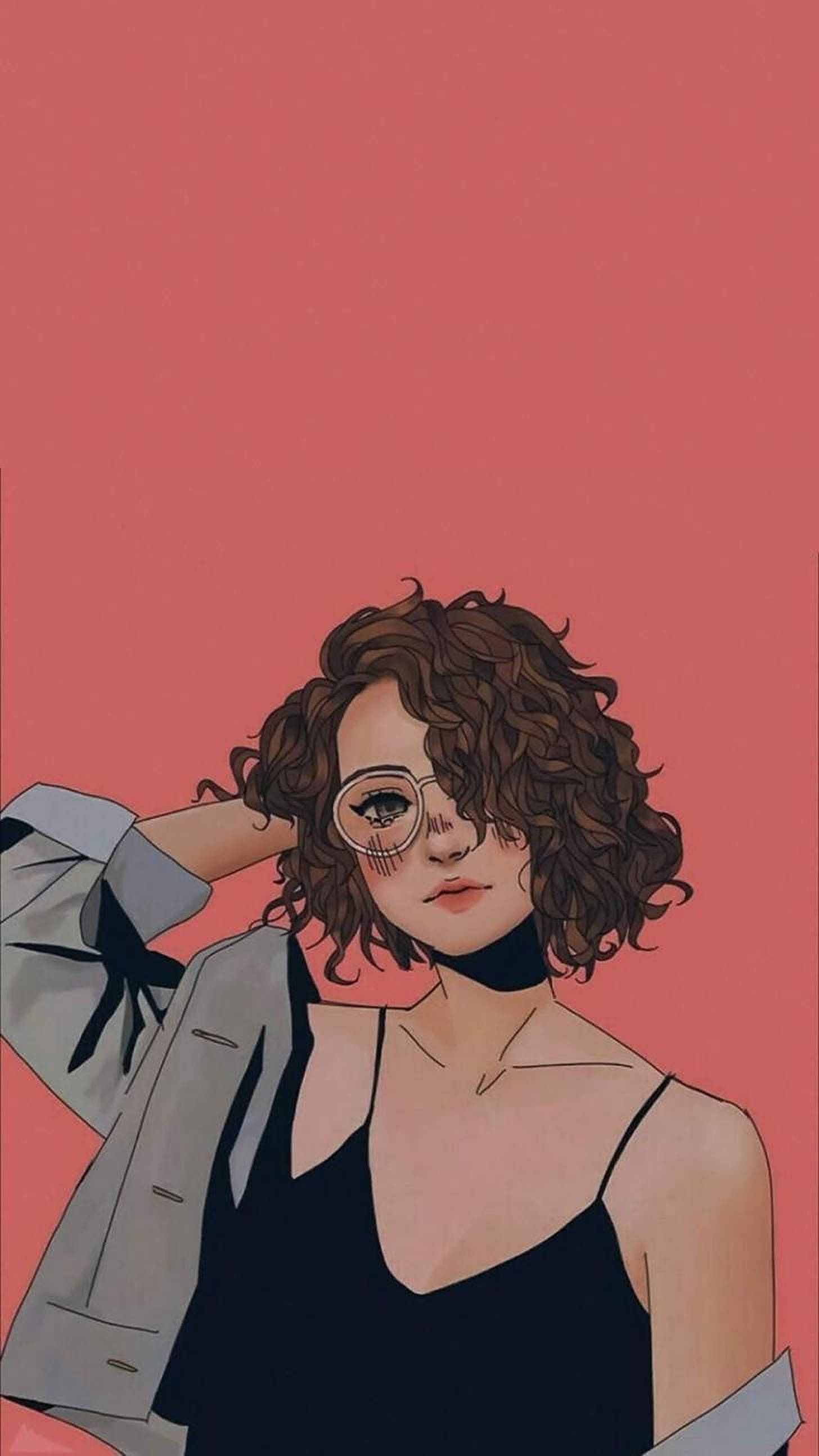 curly brown hair, glasses, solid coral background, 2K Phone Wallpaper