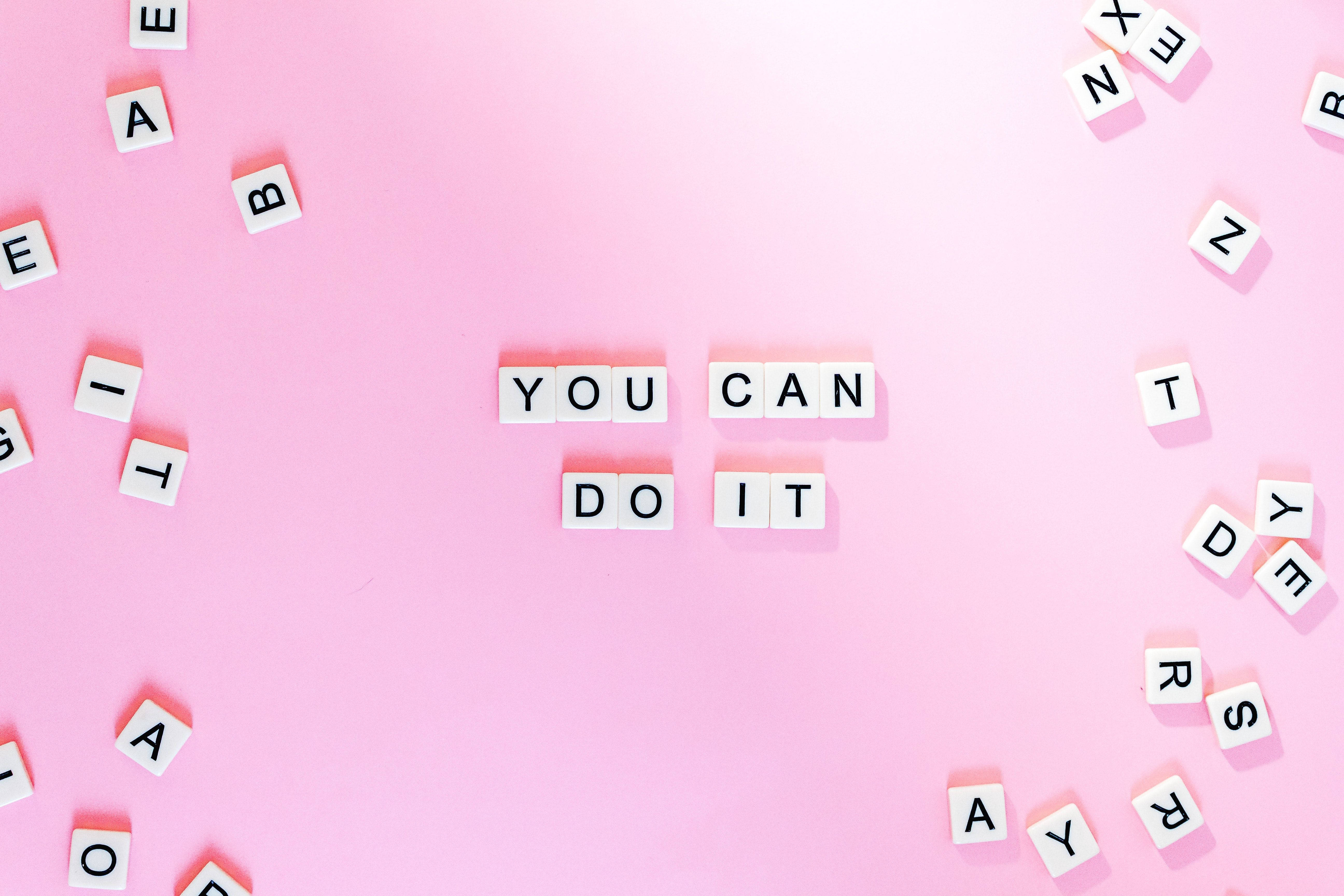 YOU CAN DO IT, white letter tiles, soft pink background, 5K Desktop Wallpaper