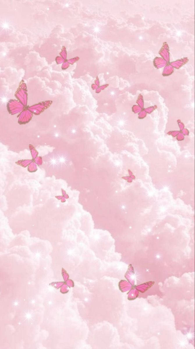aesthetic girly, pink butterflies, soft pastel clouds, SD Phone Wallpaper