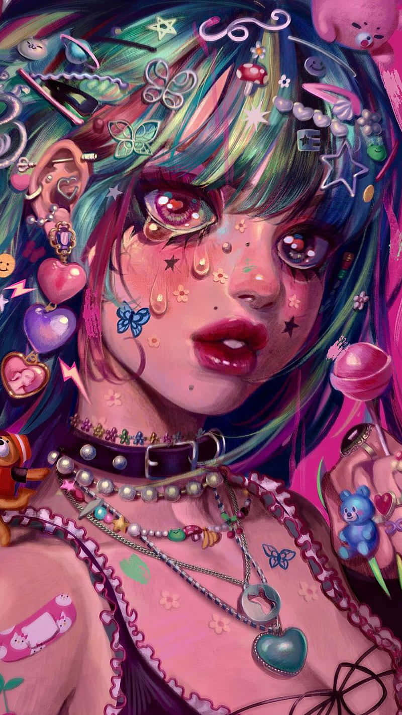 anime girl, rainbow hair, glittering accessories, HD Phone Wallpaper