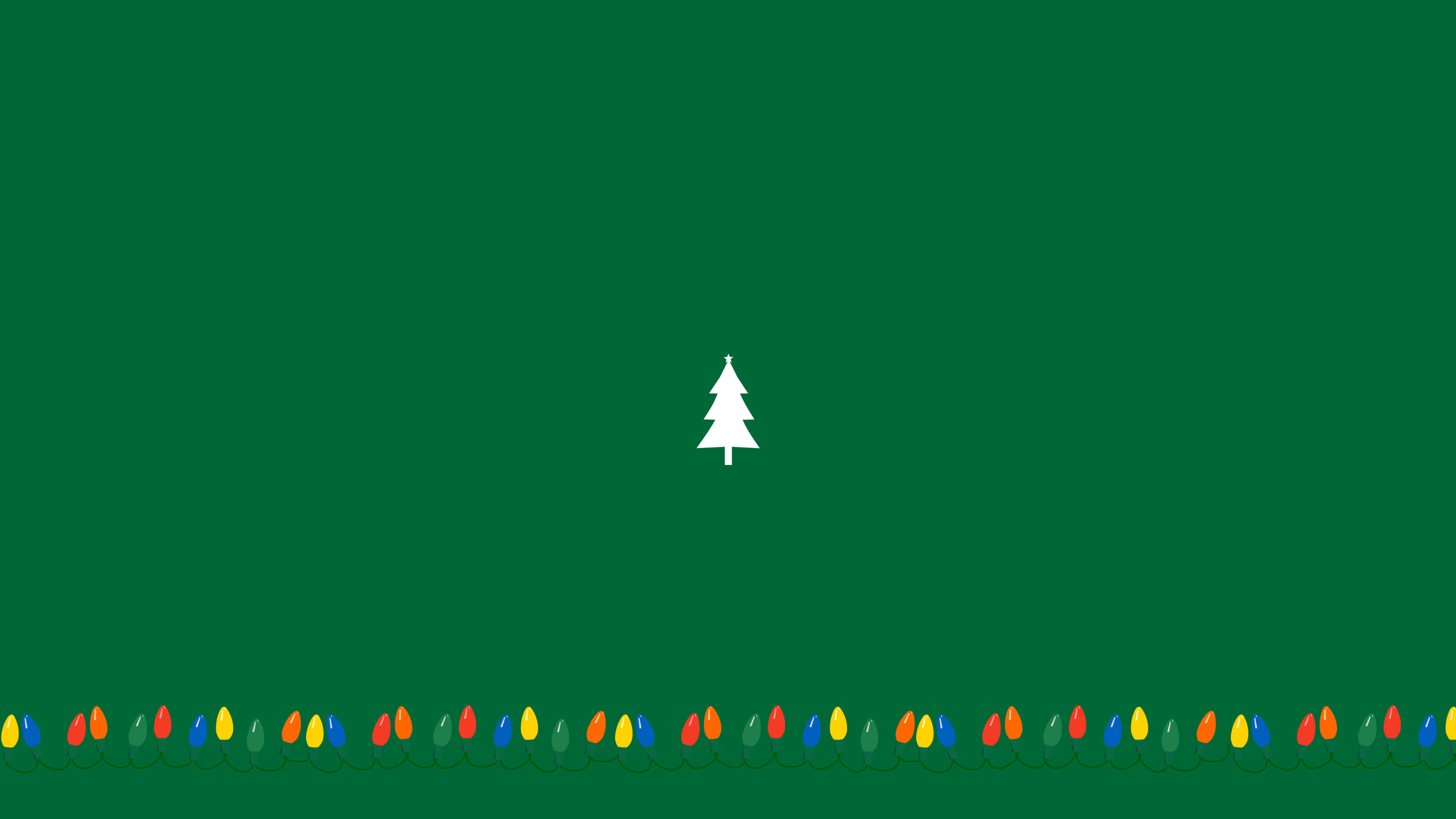 white Christmas tree, solid green background, colorful string of lights, 4K Desktop Wallpaper