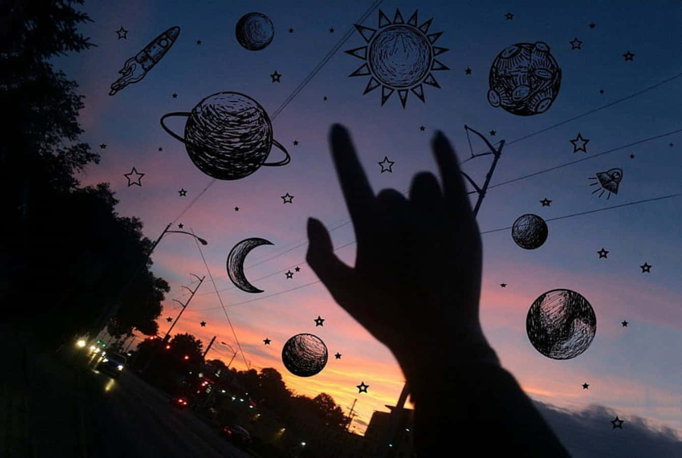 Aesthetic Grunge Desktop, twilight sky, hand-drawn planets, HD Desktop Wallpaper