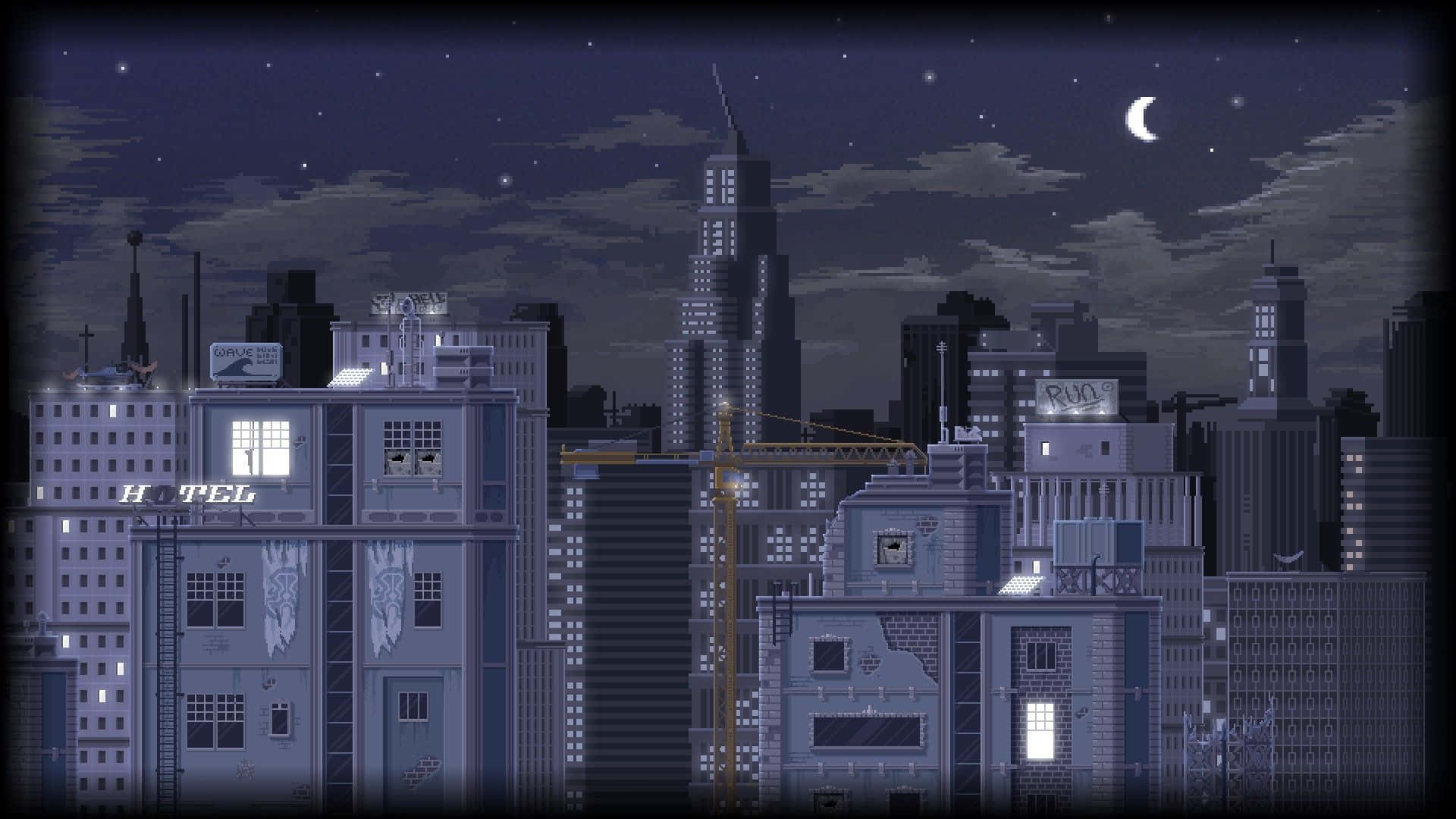 aesthetic grunge laptop, pixel-art cityscape, glowing windows, Full HD Desktop Wallpaper