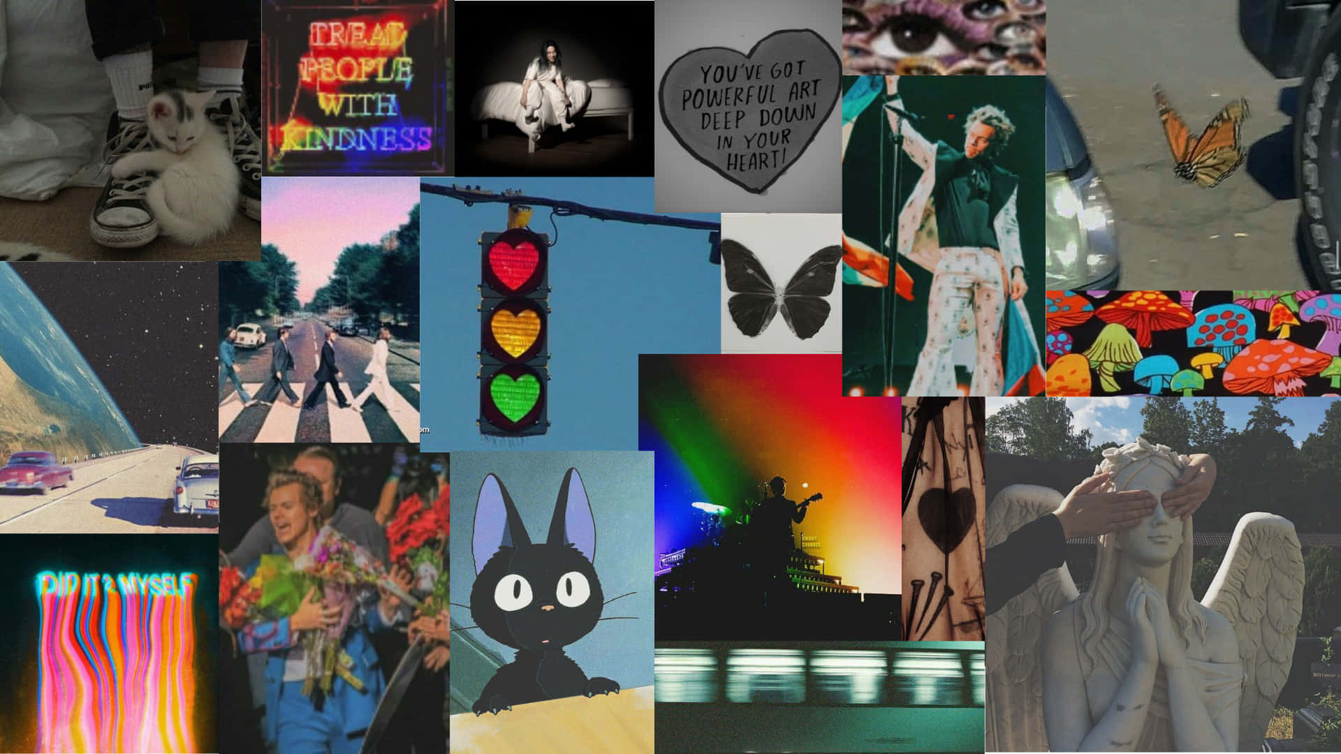 Aesthetic Grunge Laptop, neon signs, butterflies, Full HD Desktop Wallpaper