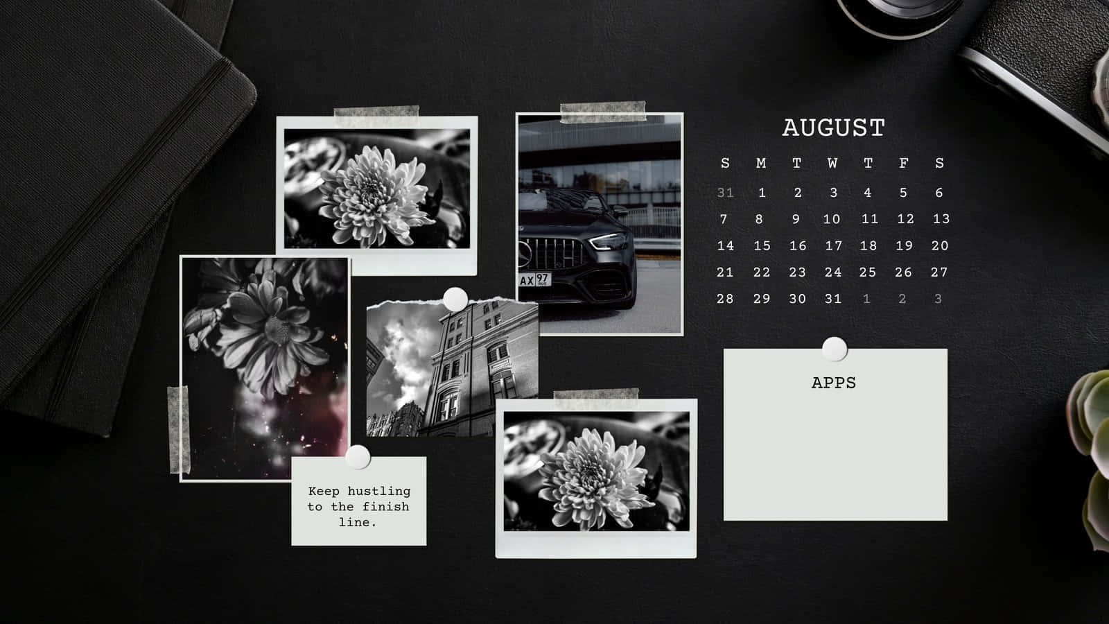 black and white photos, dark desk, calendar, HD Desktop Wallpaper