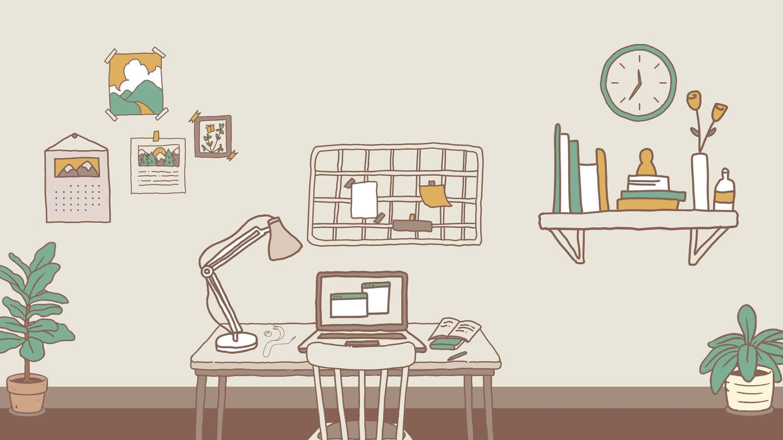 Aesthetic Grunge Laptop, cozy illustrated home office, desk lamp, HD Desktop Wallpaper