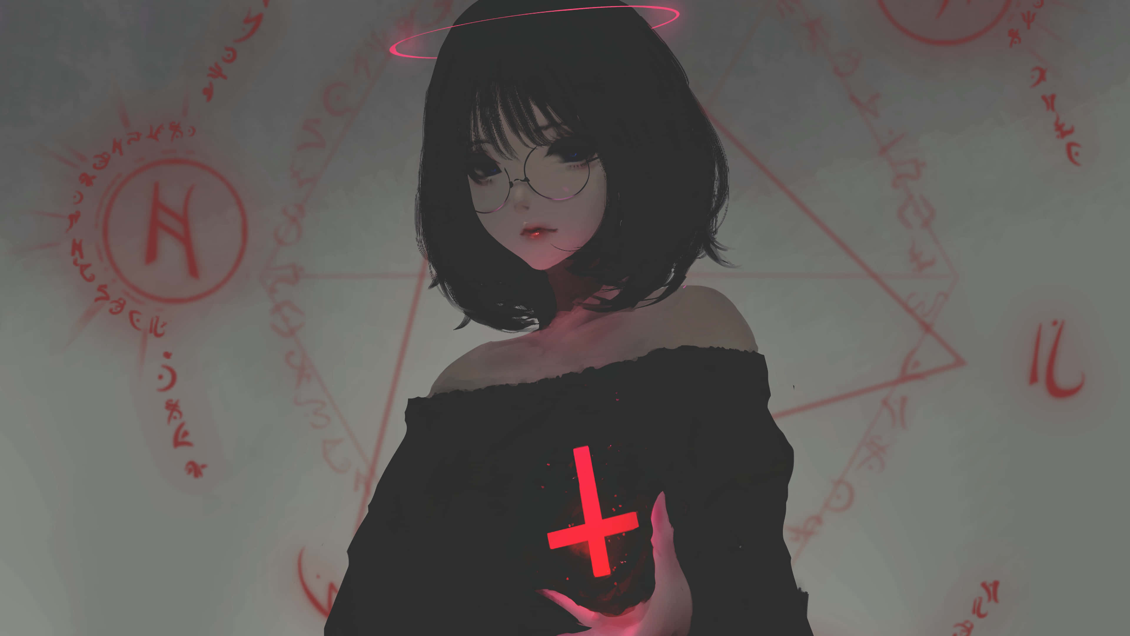 red aesthetic anime laptop, young anime girl with glasses and a halo, glowing red cross, 4K Desktop Wallpaper