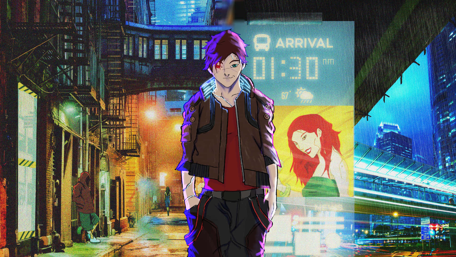cyberpunk laptop, purple-haired anime teen, neon-drenched rainy alleyway, Full HD Desktop Wallpaper