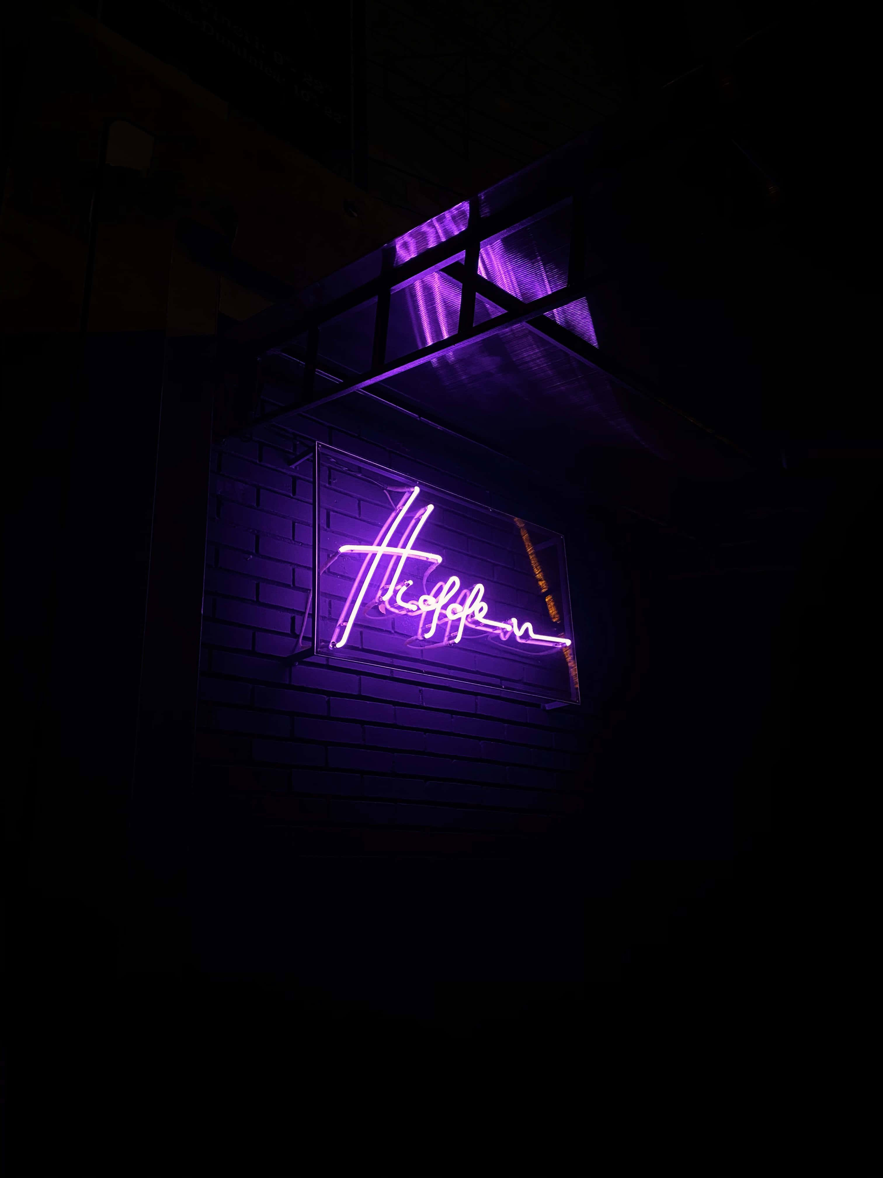 purple light, cursive lettering, dark brick wall, 4K Phone Wallpaper
