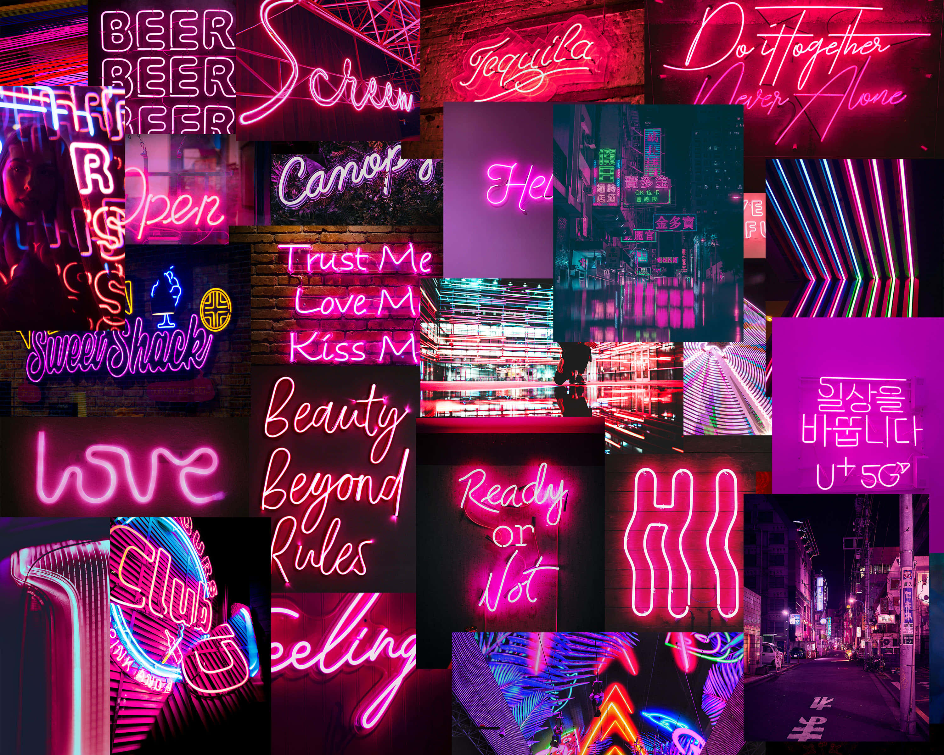 Aesthetic Grunge Neon Signs, electric pink, purple, 2K Desktop Wallpaper