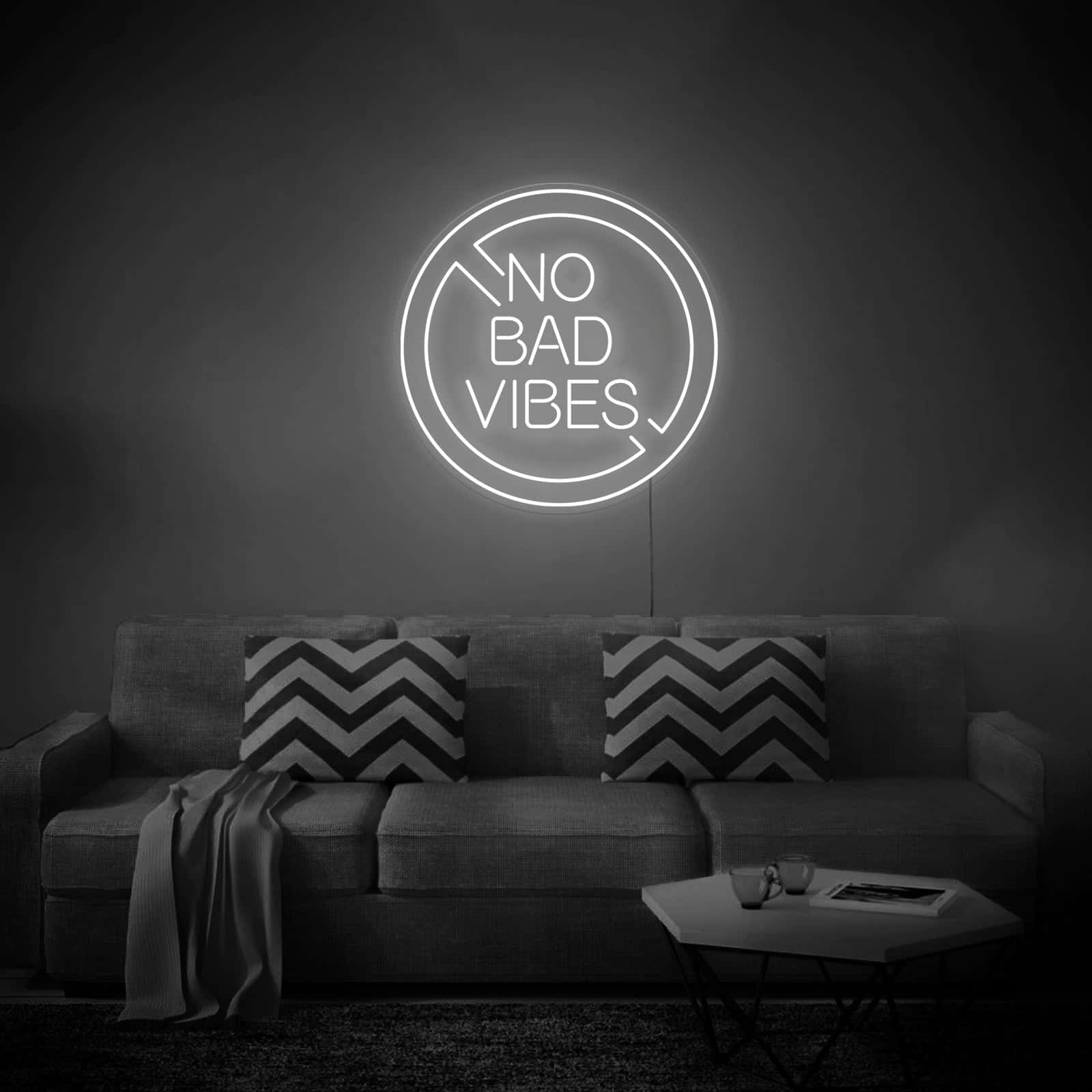 NO BAD VIBES, white neon sign, minimalist living room, HD Desktop Wallpaper