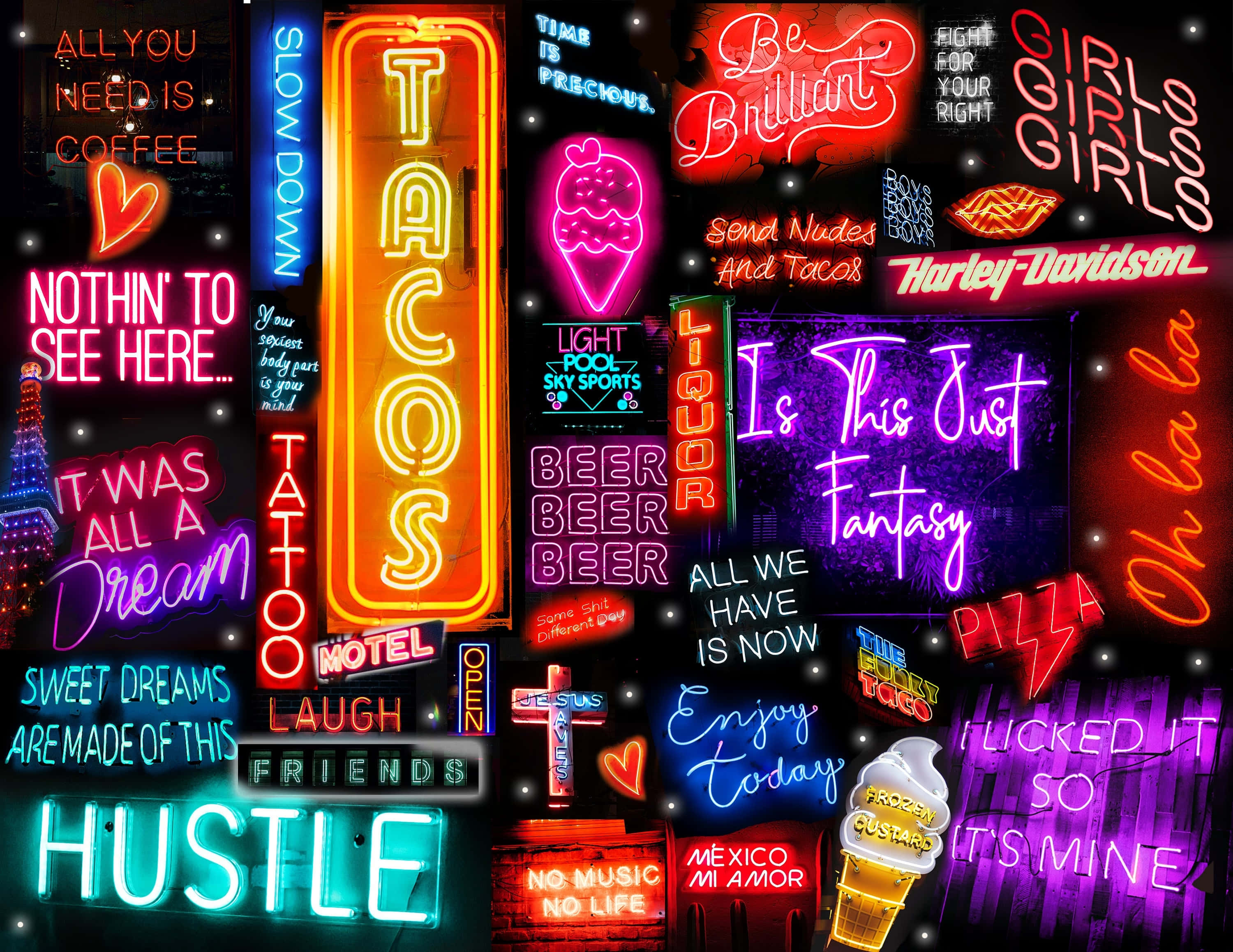 Vibrant Neon Signs Collage, dark urban backdrop, chaotic colorful nightlife, 2K Desktop Wallpaper