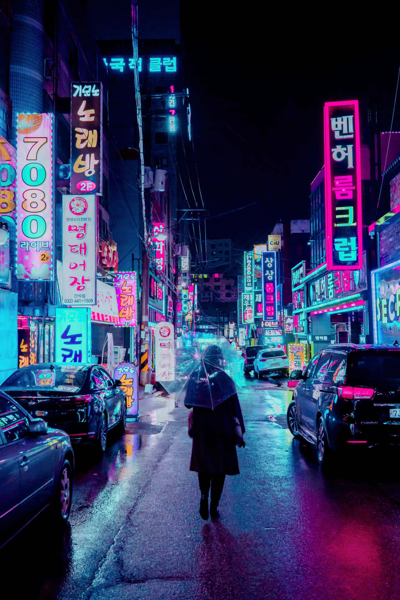 neon-lit street, rain-slicked, glowing Korean signs, Full HD Phone Wallpaper