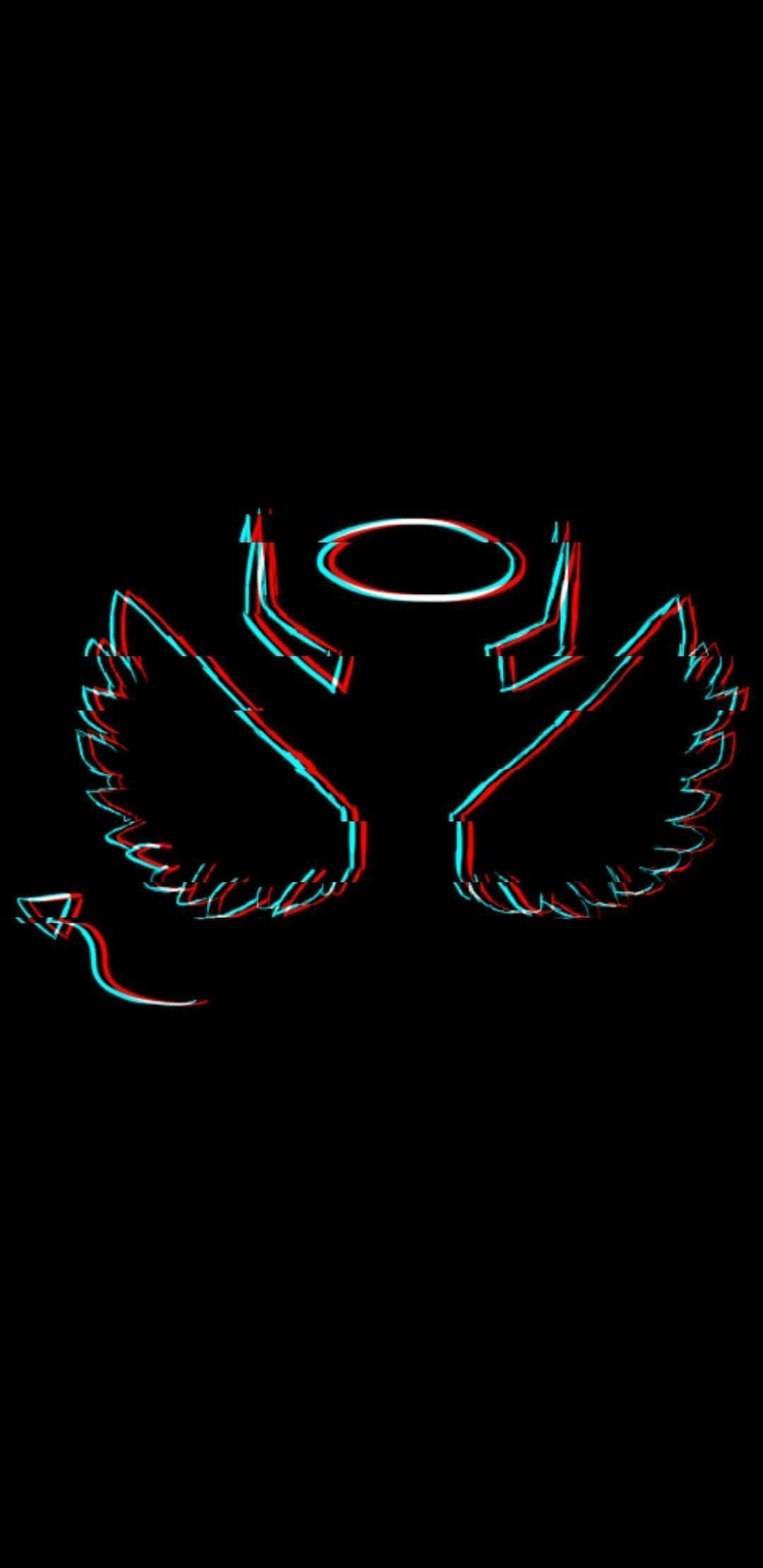 glowing red and cyan outlined, angelic figure with wings and halo, black background, Full HD Phone Wallpaper