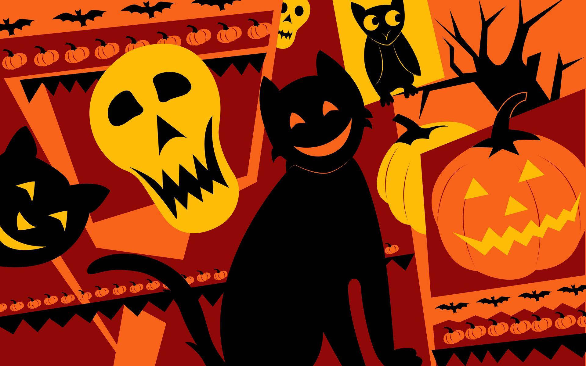 Halloween Doodle Laptop Art, black cats, jack-o-lanterns, Full HD Desktop Wallpaper