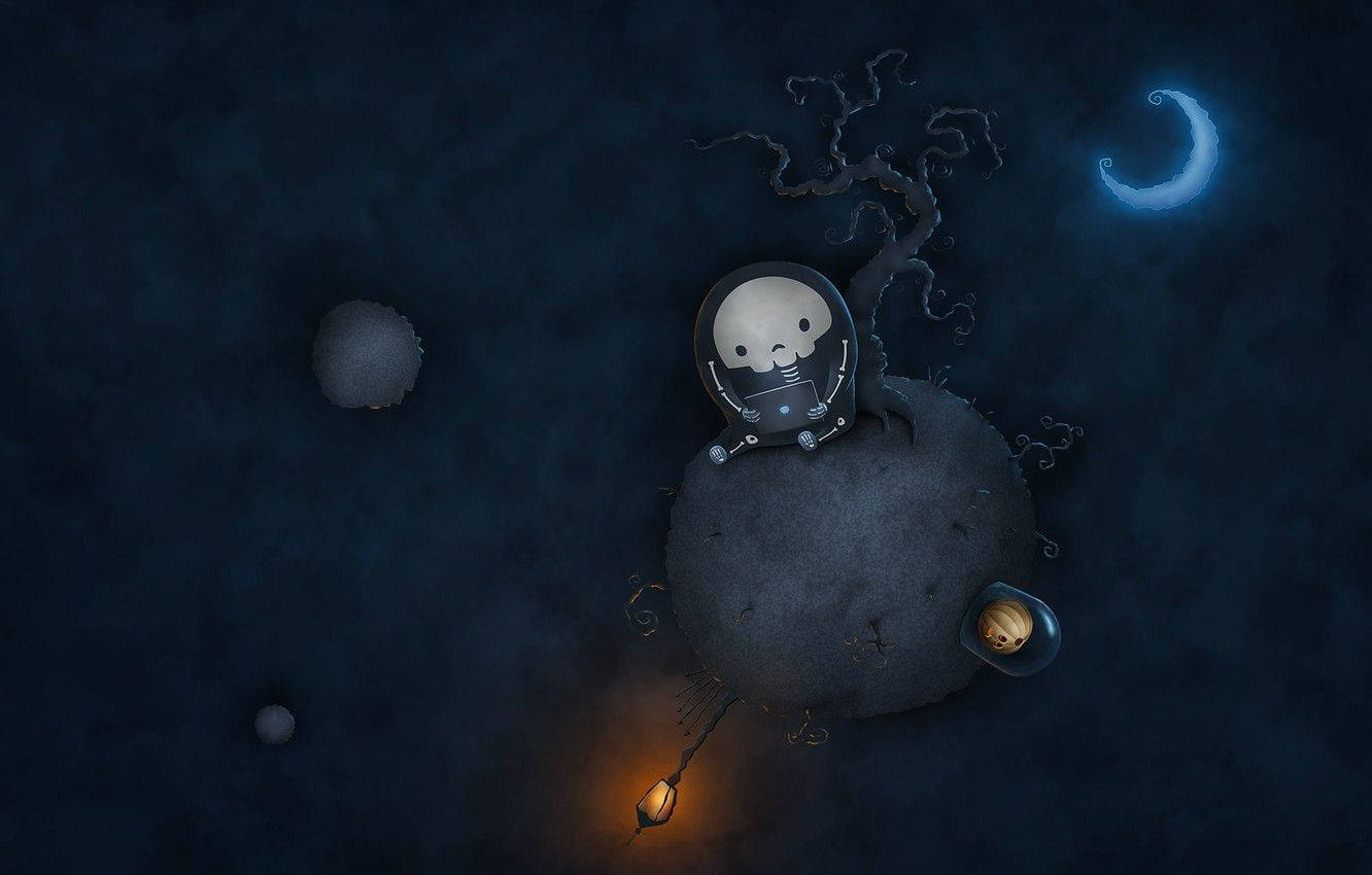 Halloween Planet Laptop Art, cartoon astronaut, moonlit asteroid, HD Desktop Wallpaper