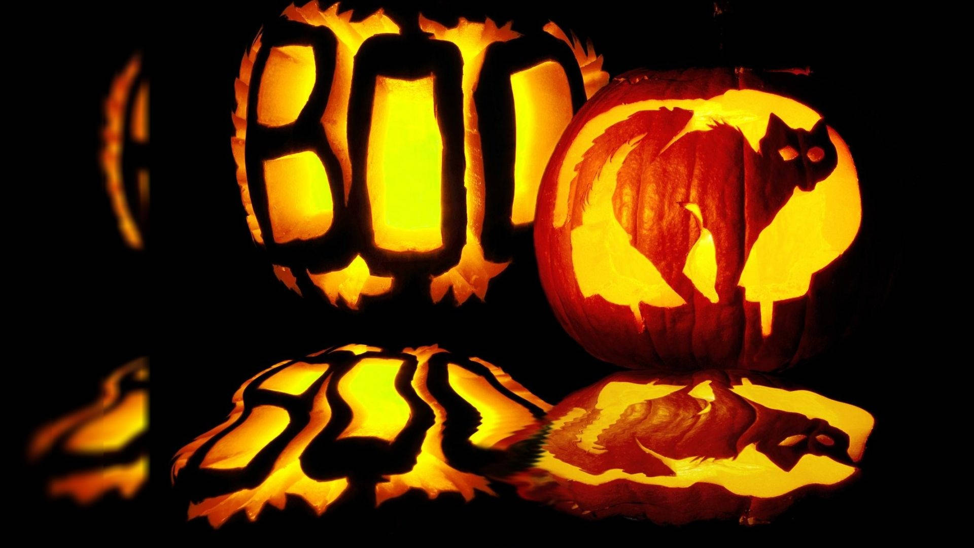 Halloween pumpkins, BOO, cat silhouette, Full HD Desktop Wallpaper