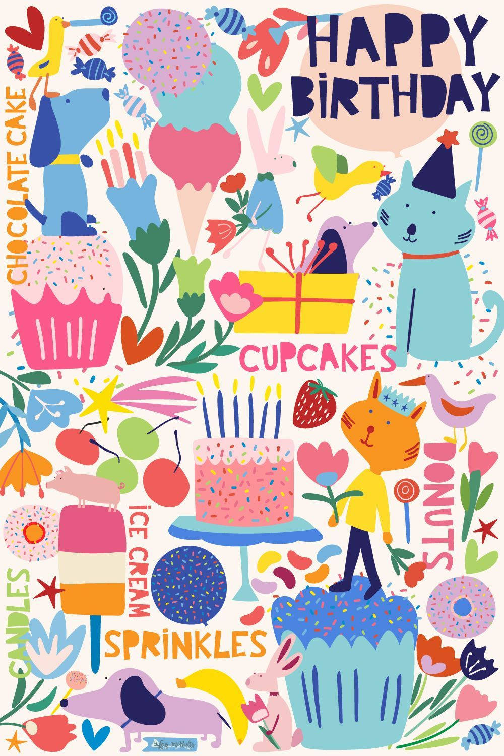 Colorful Aesthetic Happy Birthday, cartoon animals, cakes, HD Phone Wallpaper