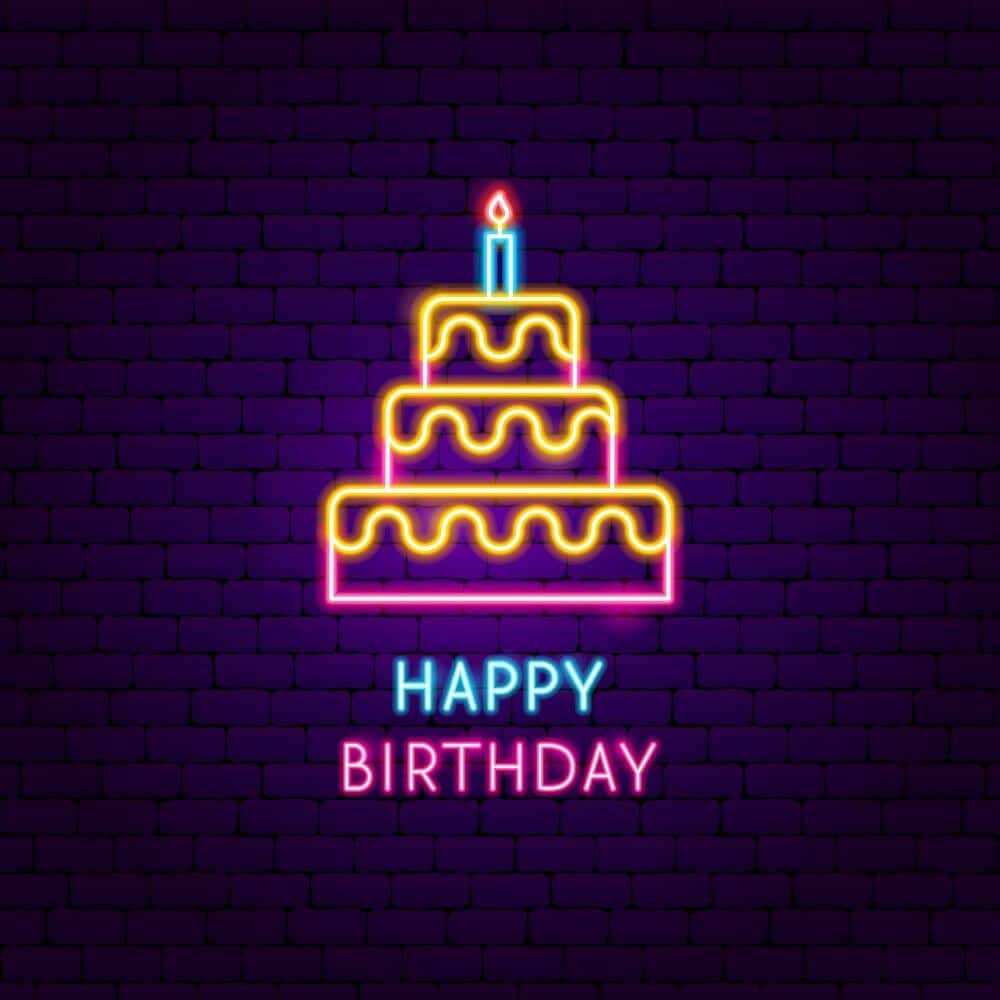 neon sign, three-tiered birthday cake, lit candle, SD Desktop Wallpaper