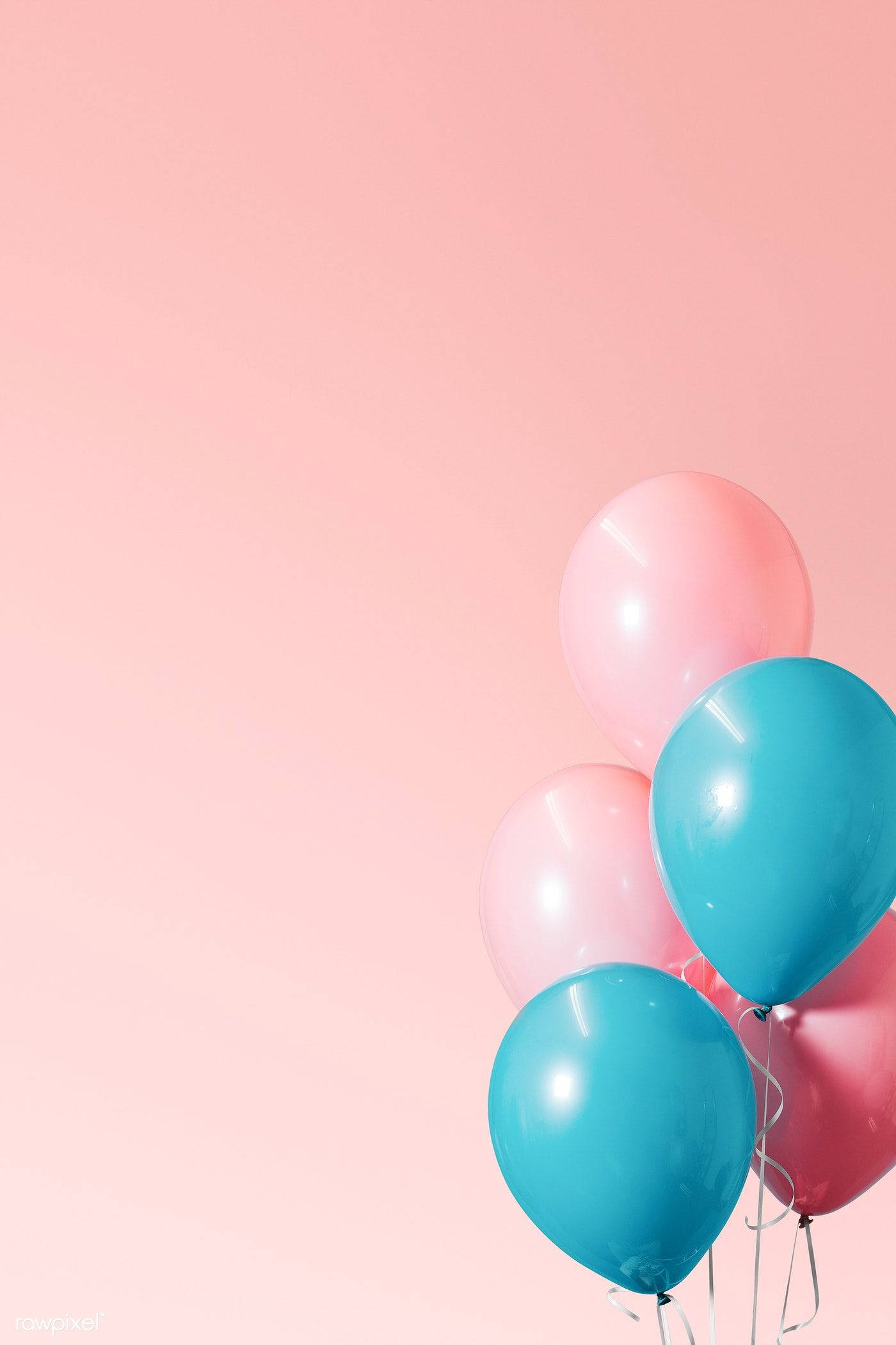 pink and blue balloons, teal balloons, soft pastel pink background, Full HD Phone Wallpaper